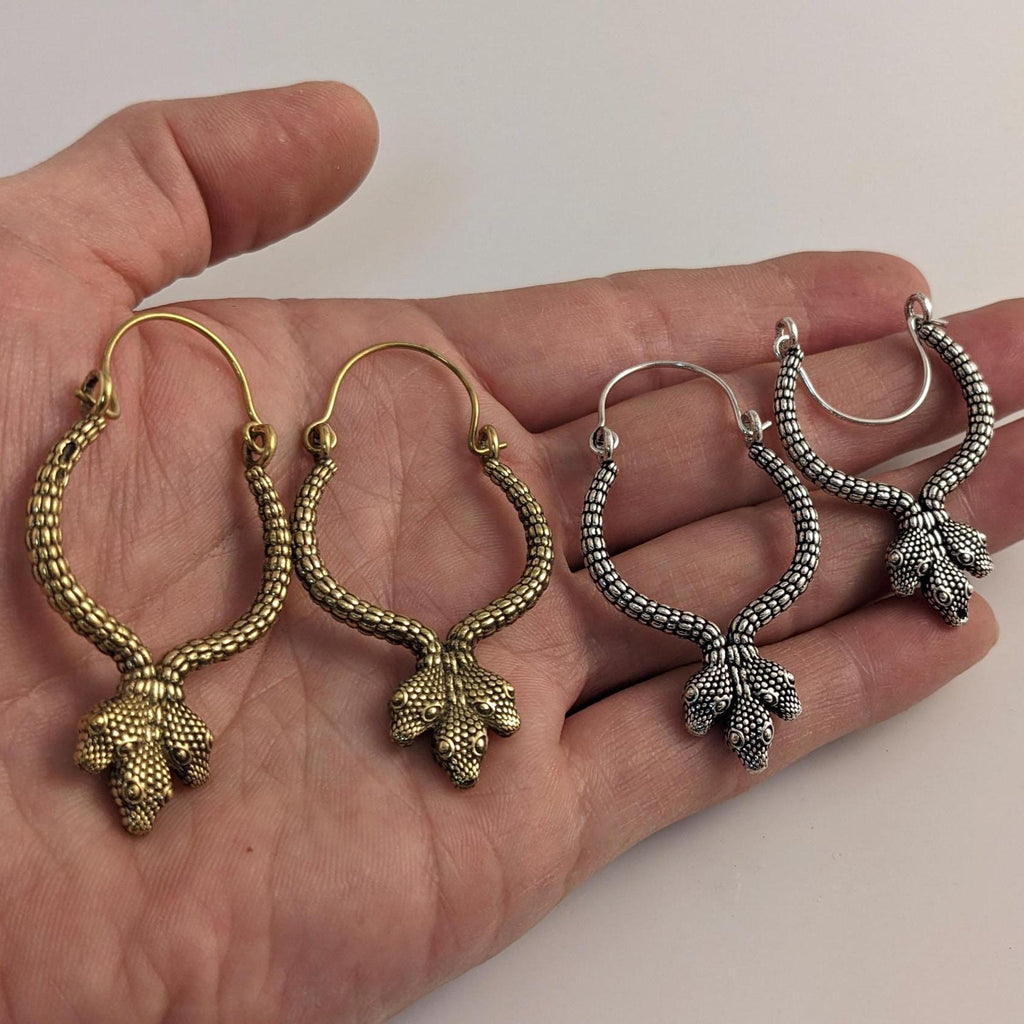 Handmade Brass Snake Hoop Earrings, Bohemian Statement Jewelry