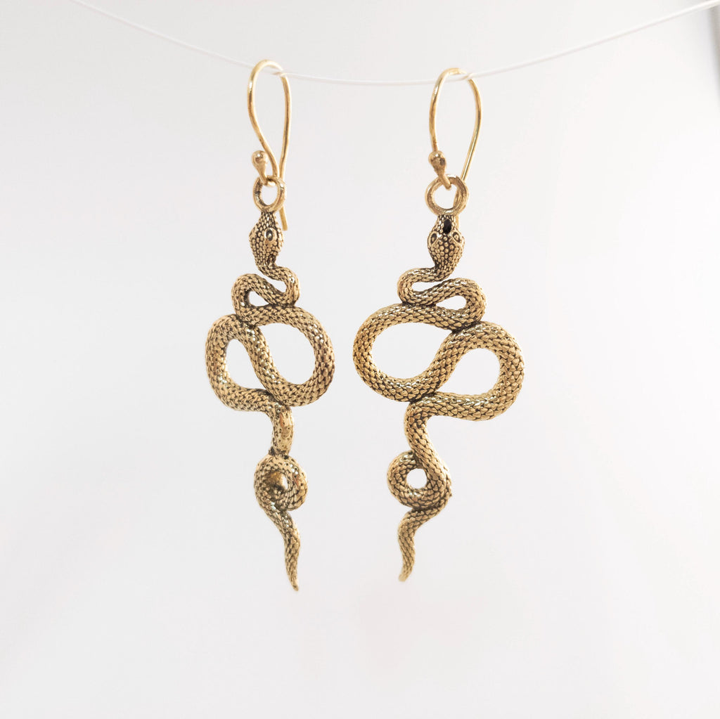 Brass Snake Dangle Earrings, Bohemian Jewelry