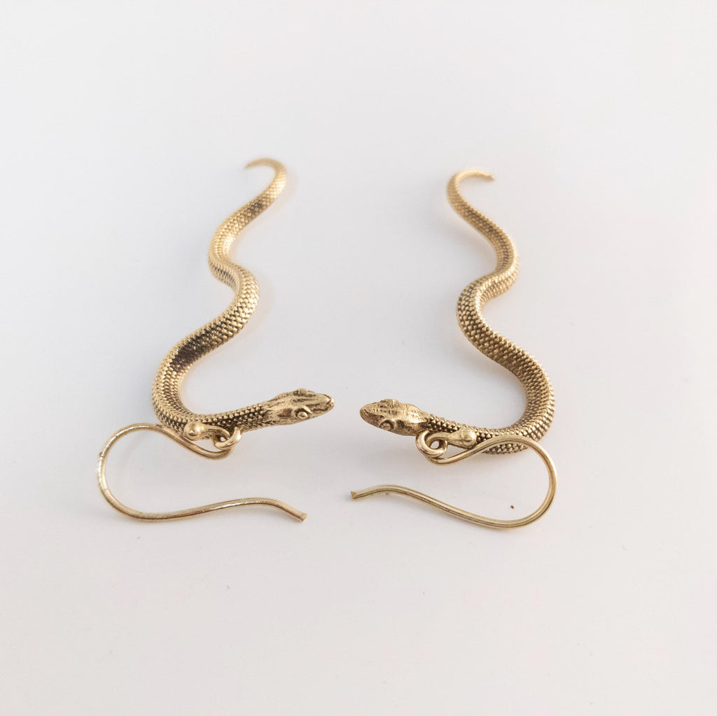 Brass Snake Earrings: Bohemian Gold Statement Jewelry