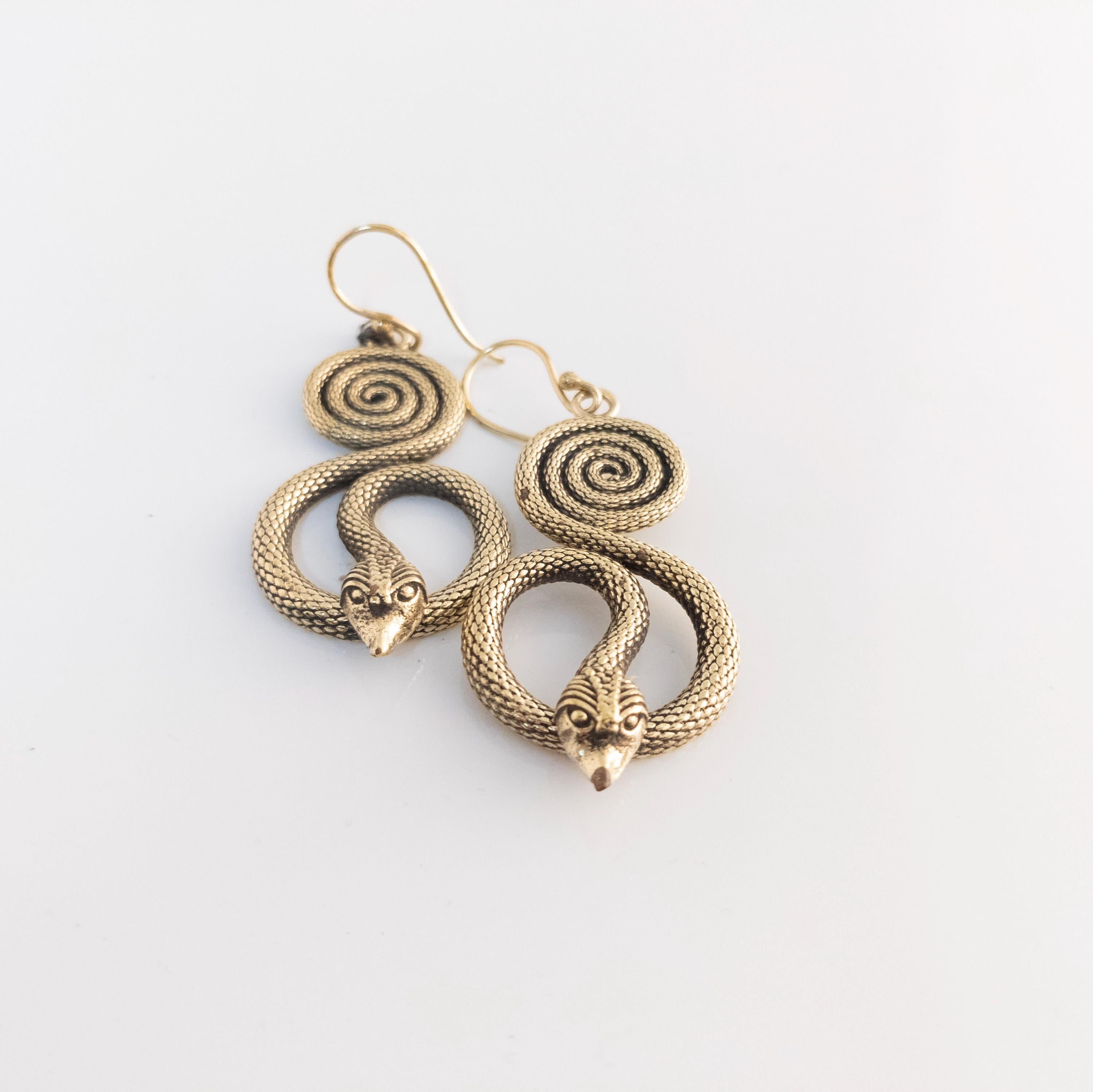 Bohemian Brass Snake Earrings, Statement Jewelry