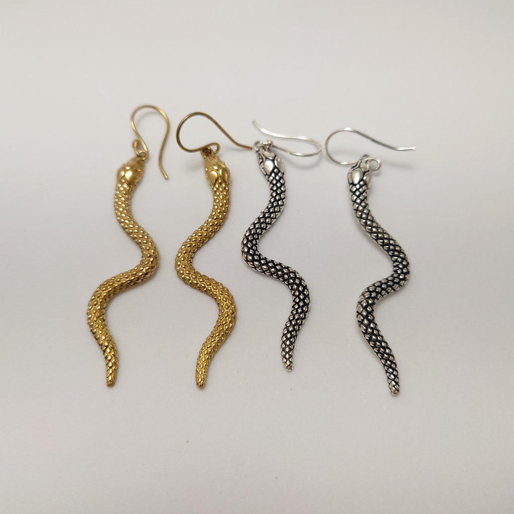 Brass Snake Dangle Earrings, Bohemian Fringe Statement Earrings