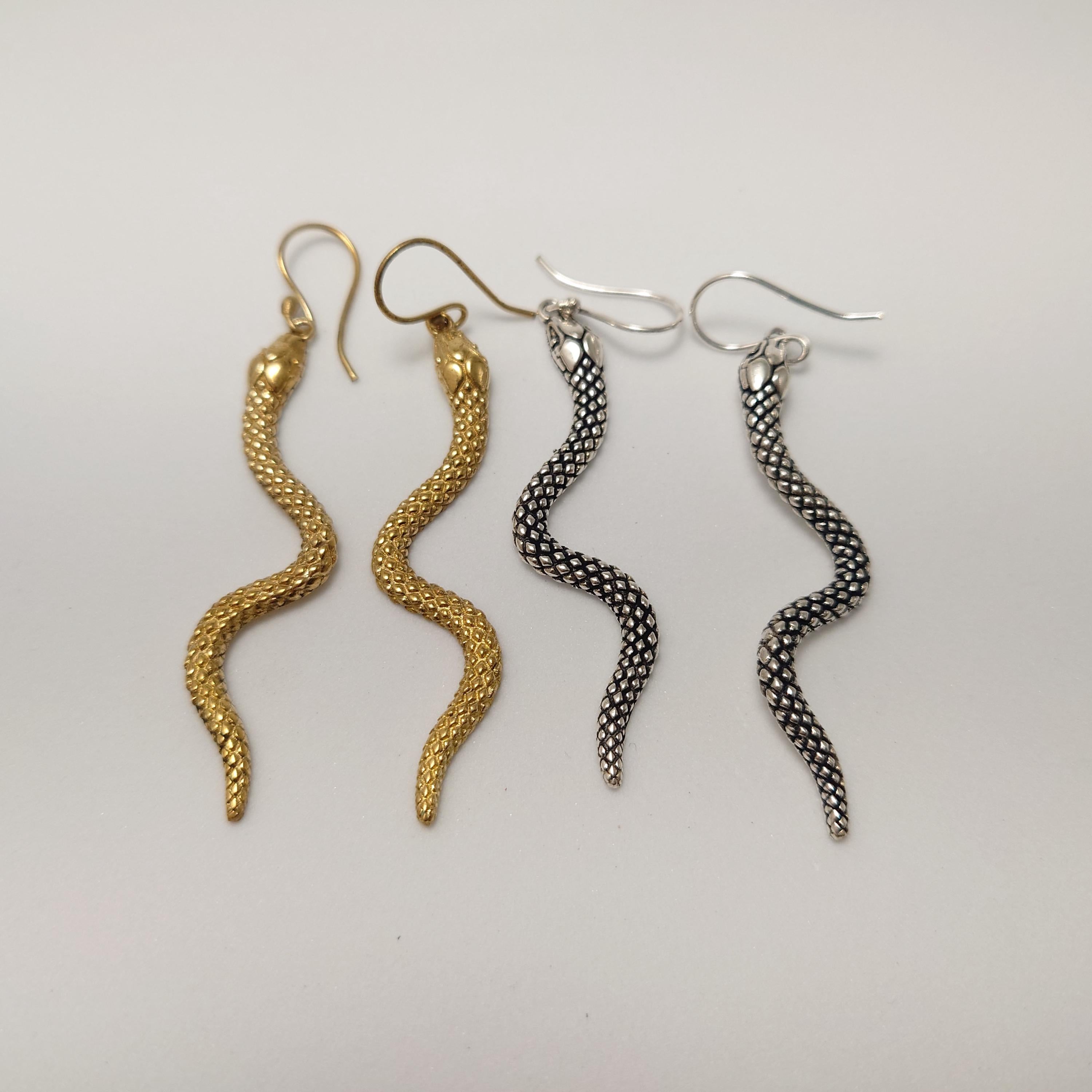 Brass Snake Dangle Earrings, Bohemian Fringe Statement Earrings