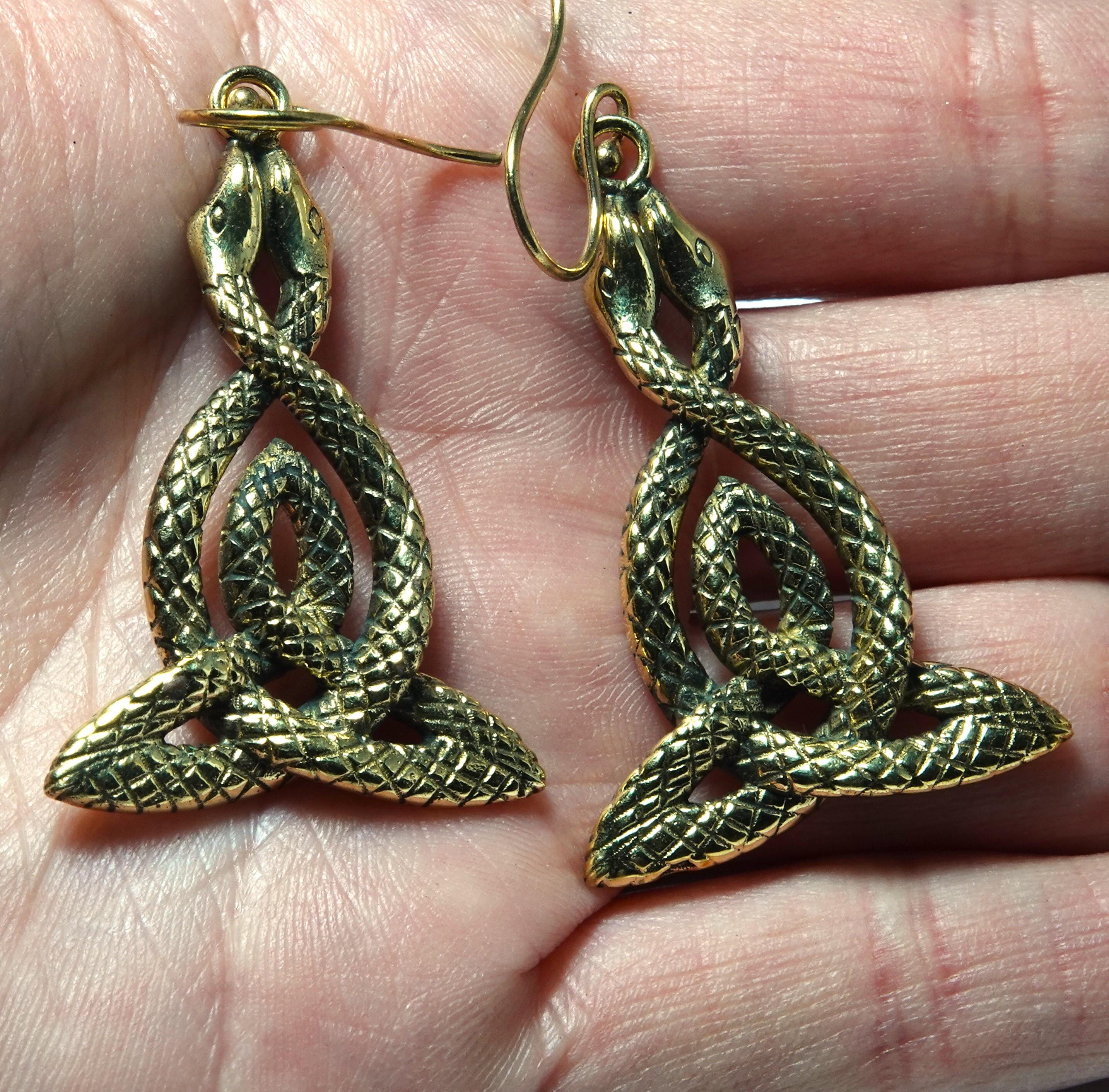 Boho Brass Snake Earrings, Handmade Celtic Knot Jewelry