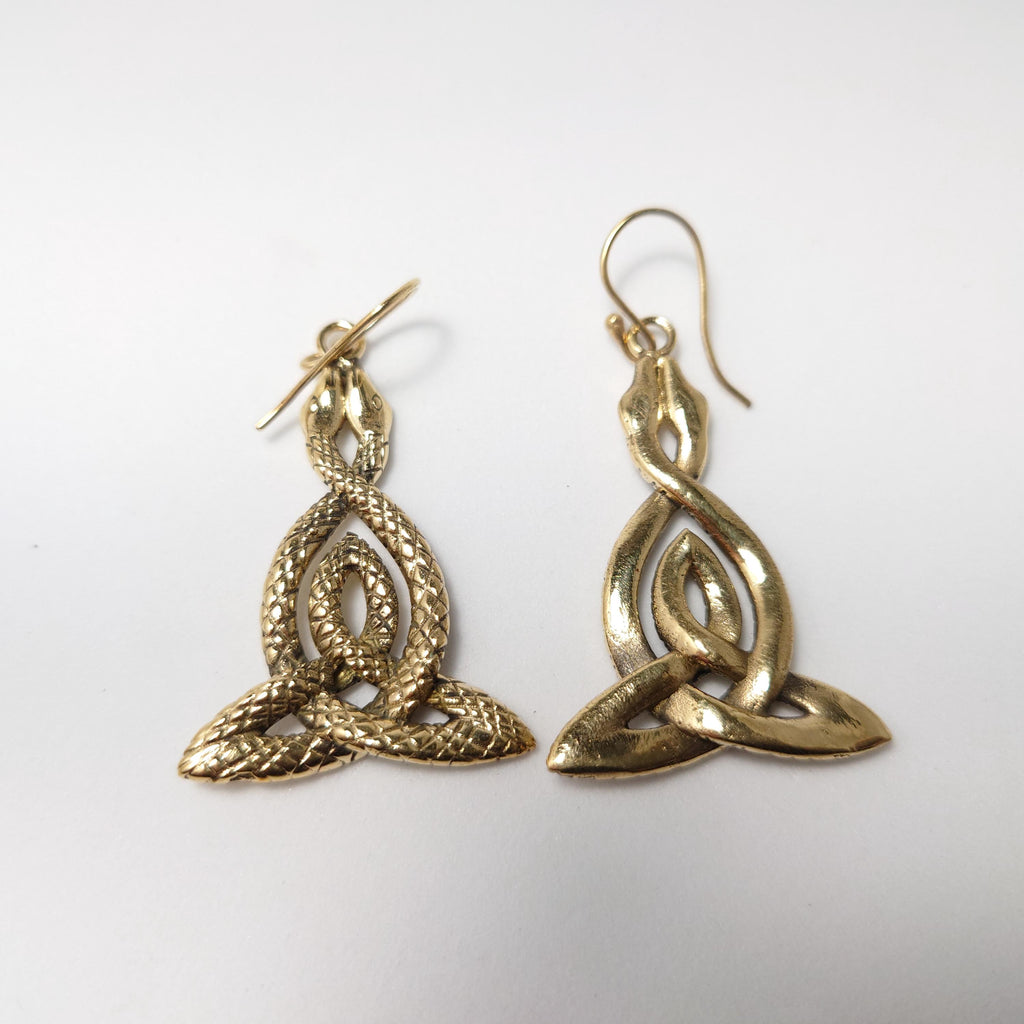Boho Brass Snake Earrings, Handmade Celtic Knot Jewelry