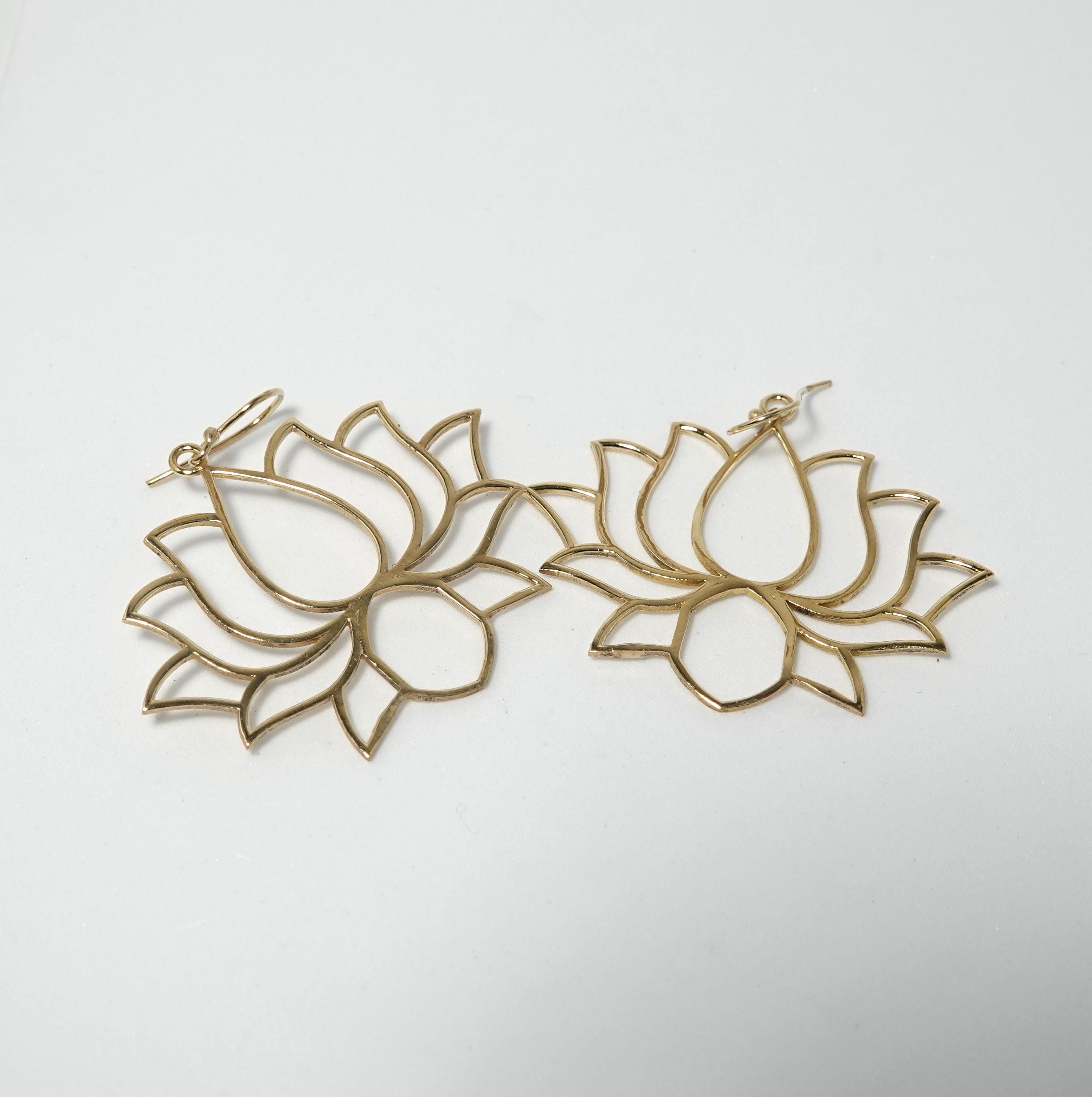 Handmade Brass Lotus Earrings, Bohemian Statement Jewelry