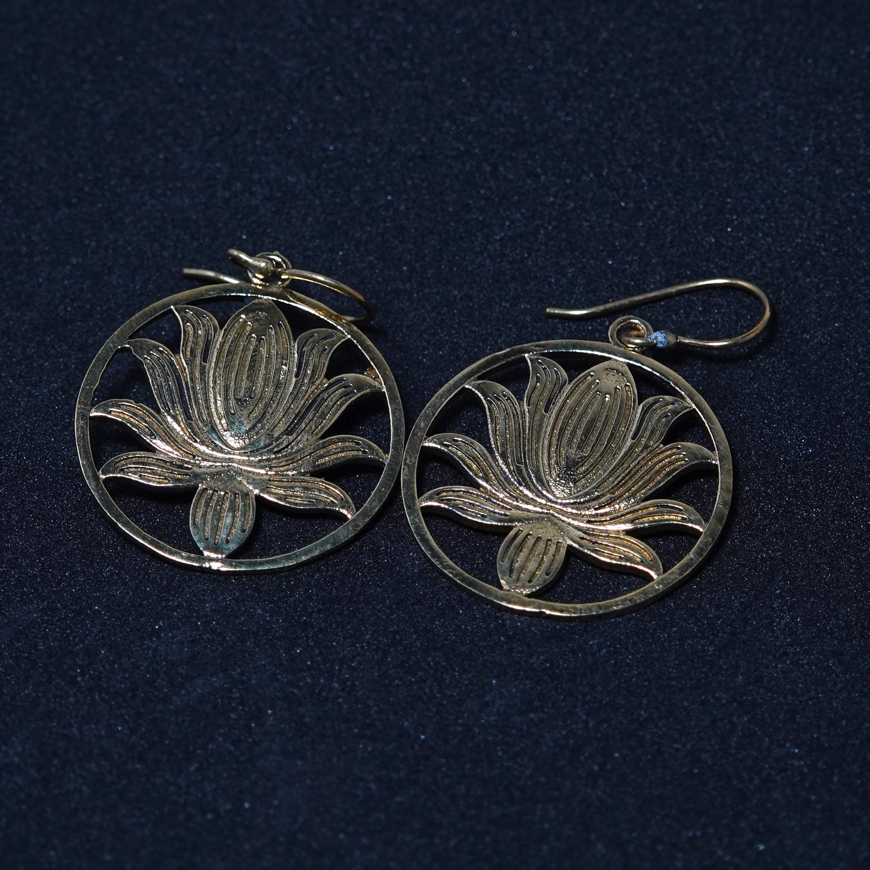 Bohemian Brass Lotus Flower Earrings, Handmade Mandala Jewelry