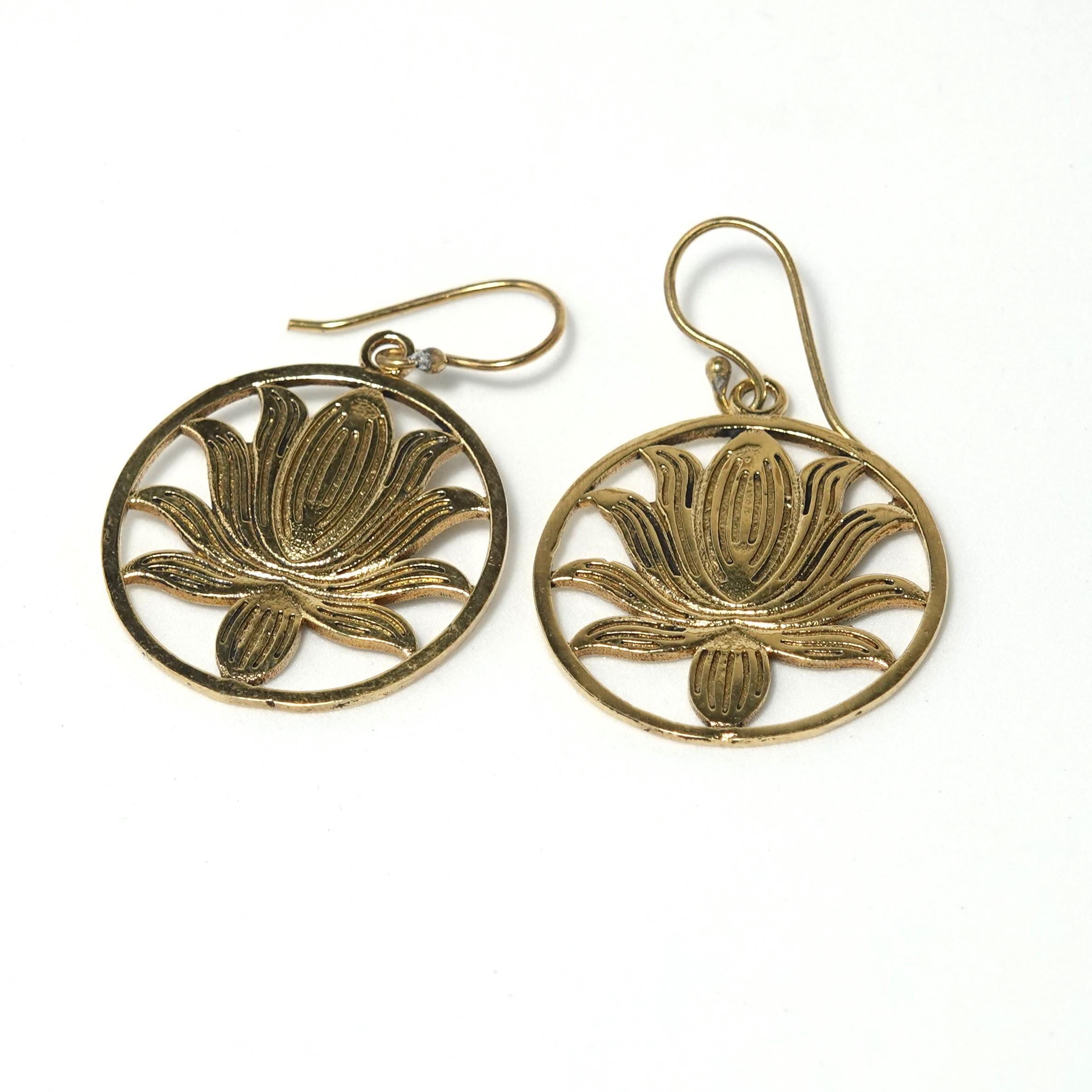 Bohemian Brass Lotus Flower Earrings, Handmade Mandala Jewelry