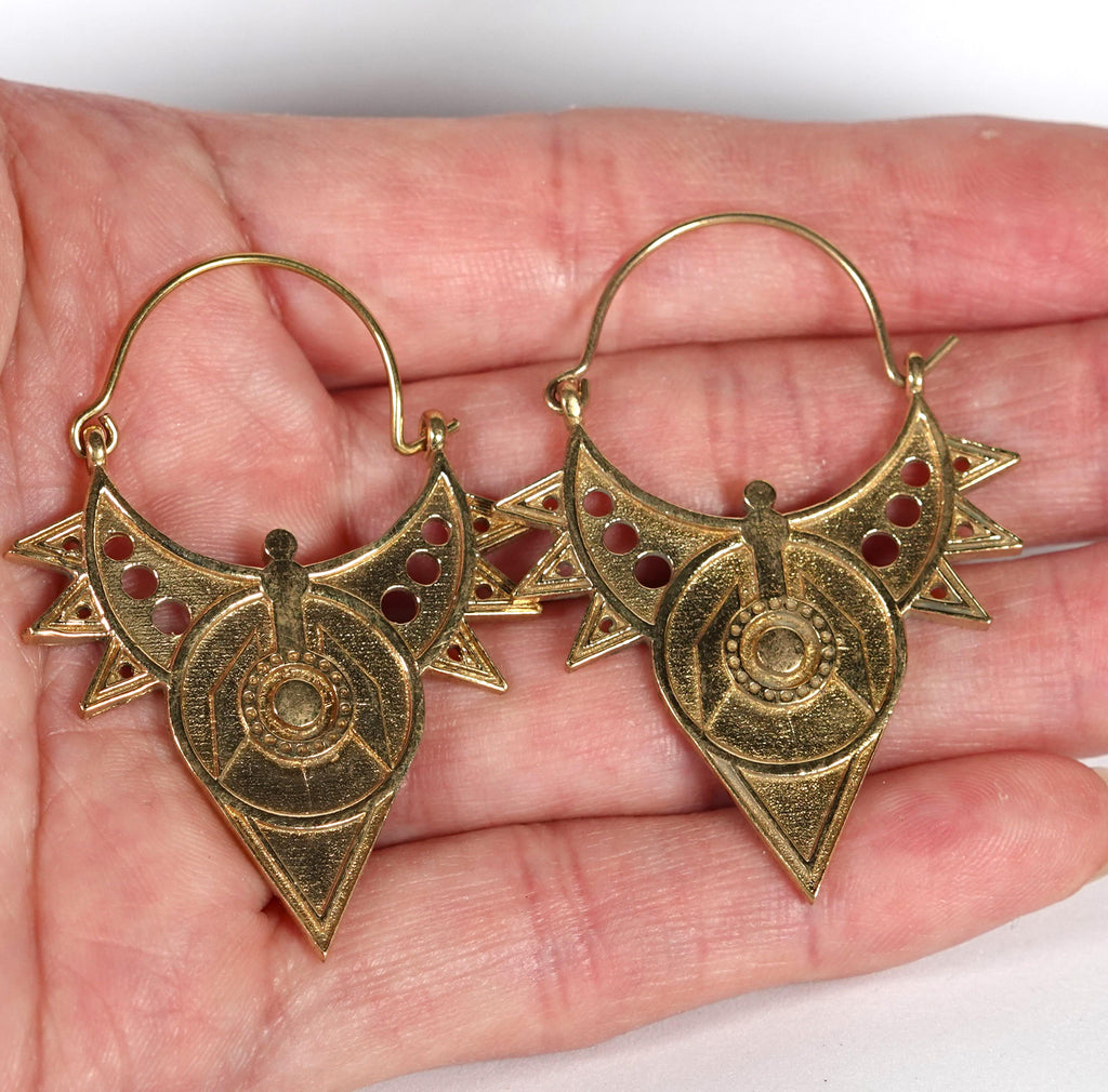 Boho Brass Mandala Earrings, Tribal Hoop Earrings