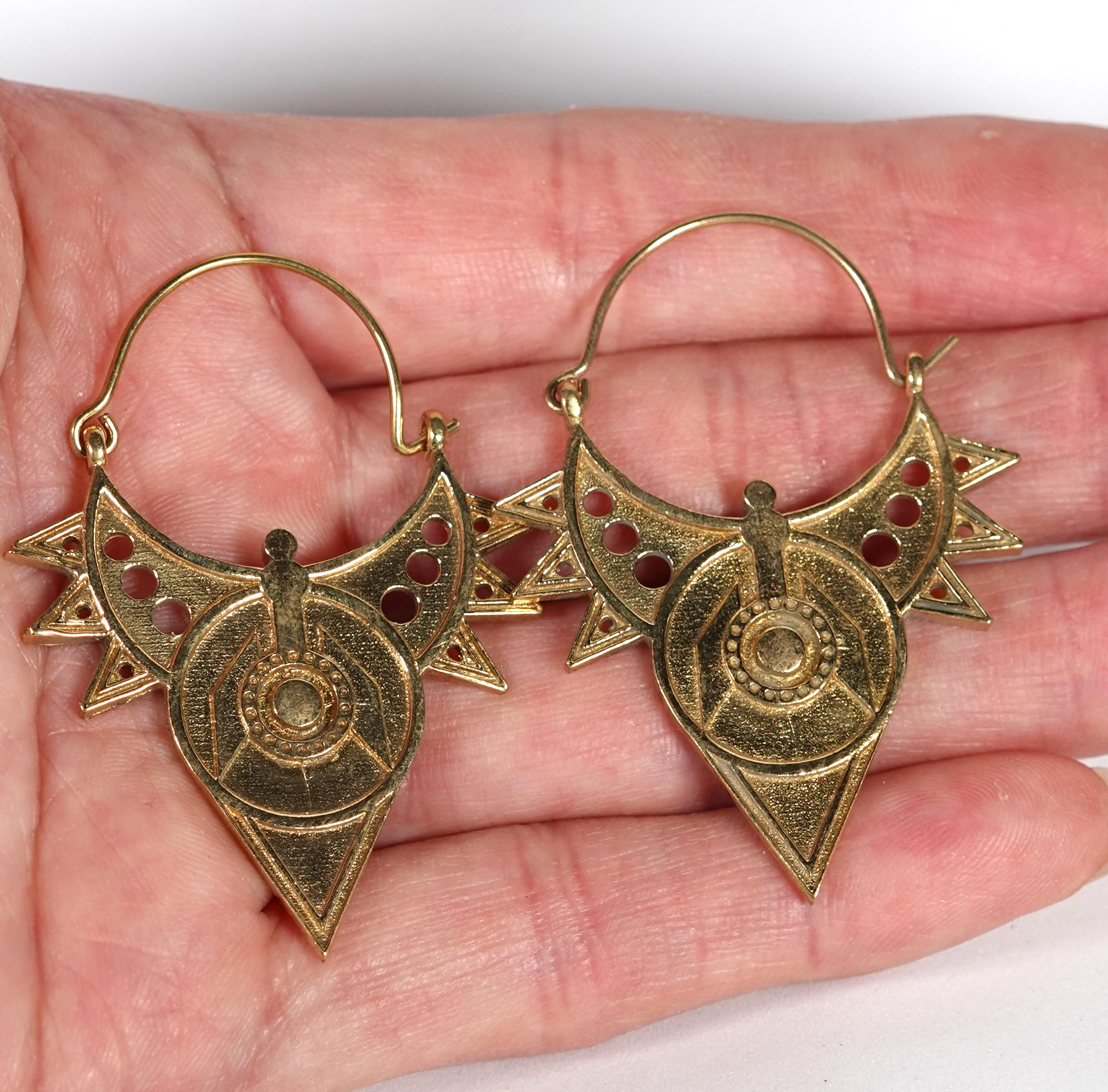 Boho Brass Mandala Earrings, Tribal Hoop Earrings