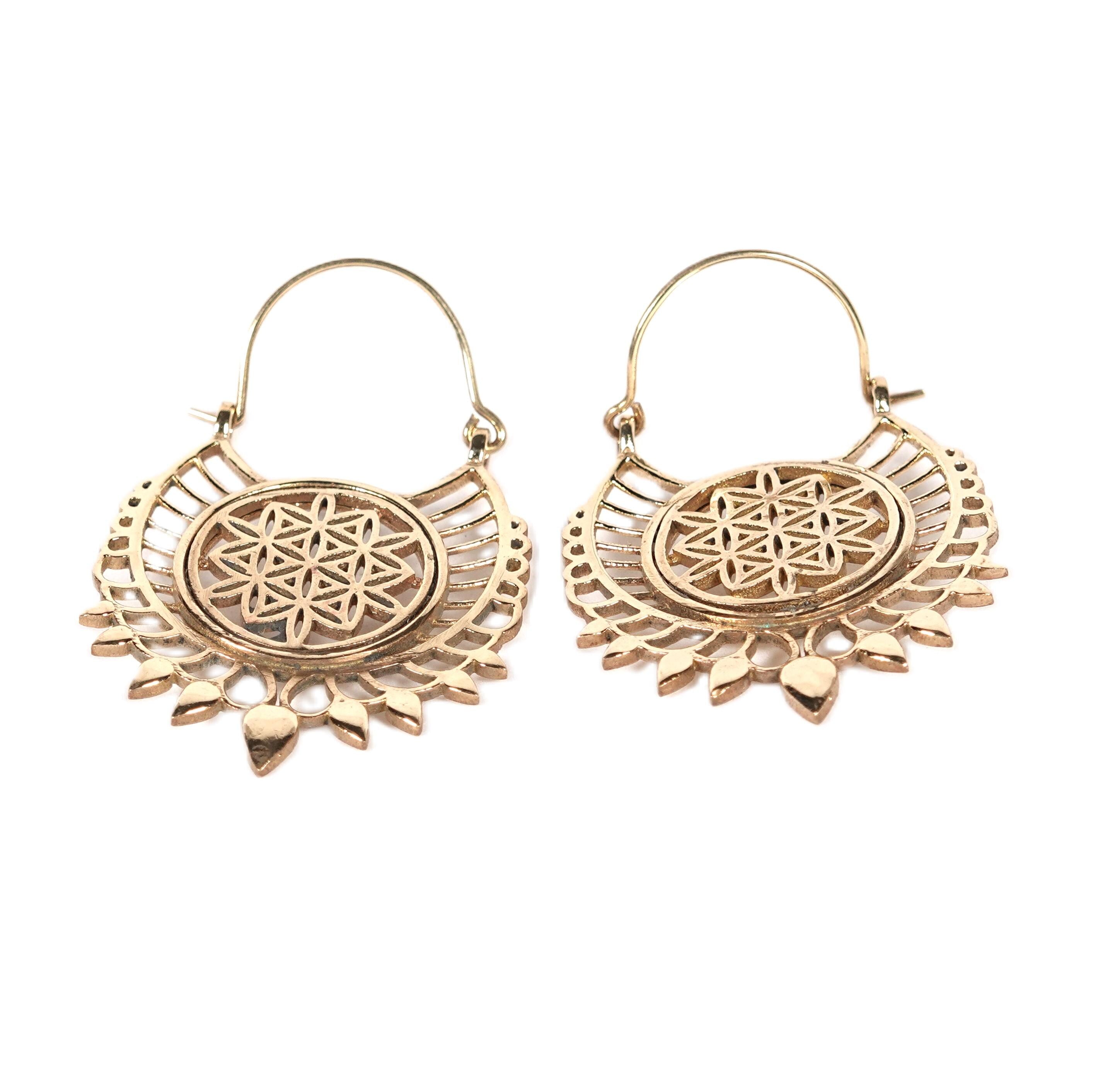Bohemian Brass Flower of Life Earrings: Mandala Fringe Earrings