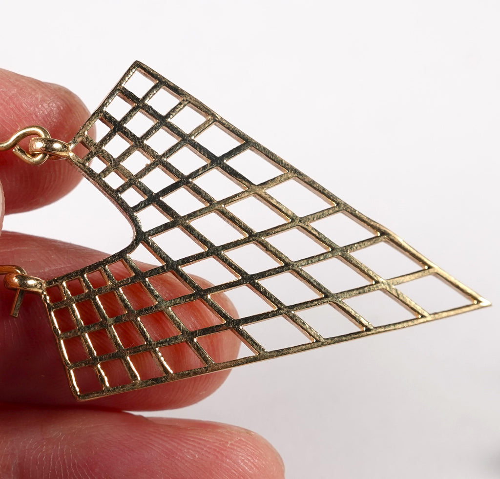 Boho Brass Statement Earrings, Geometric Grid Design