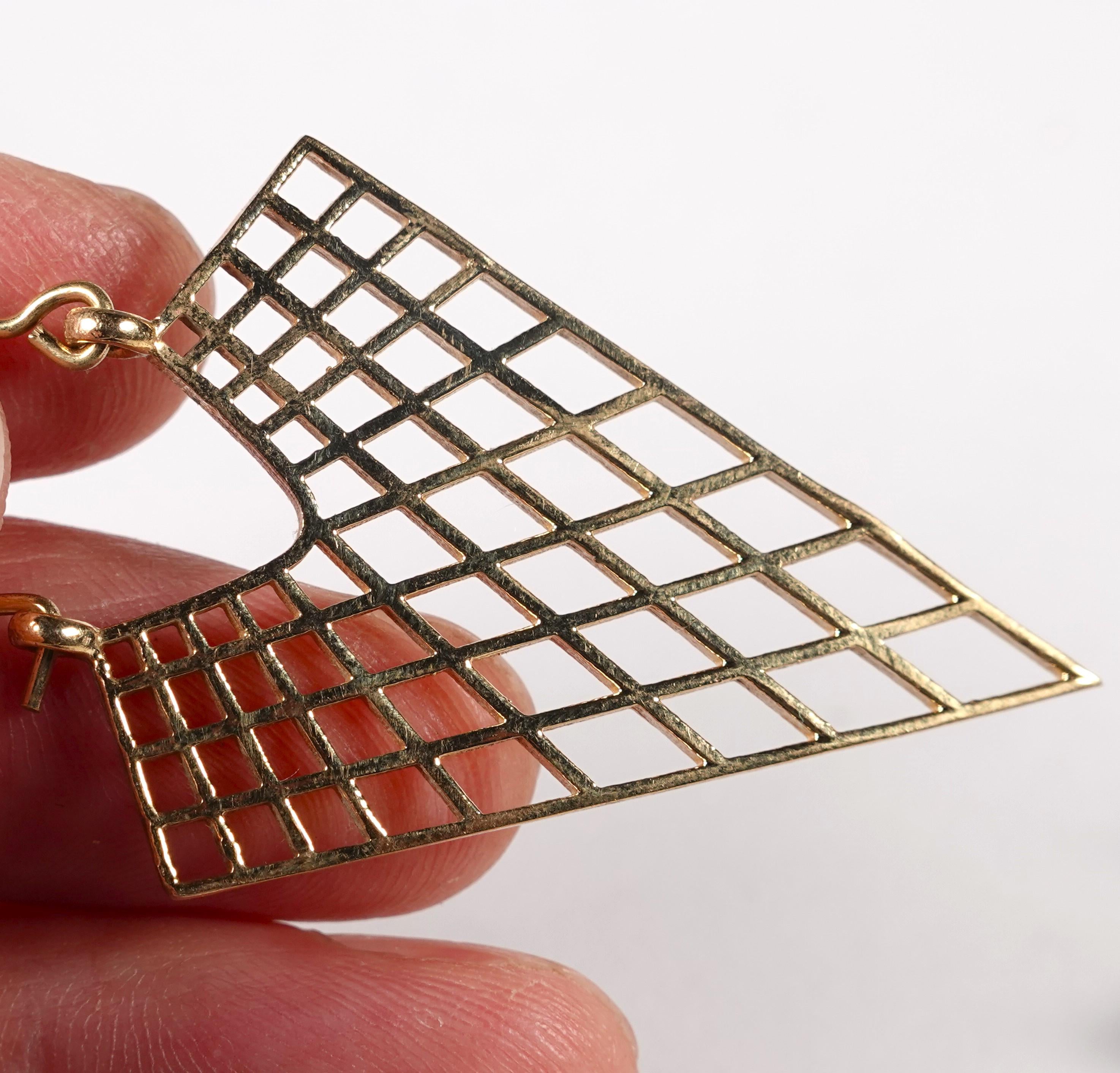 Boho Brass Statement Earrings, Geometric Grid Design