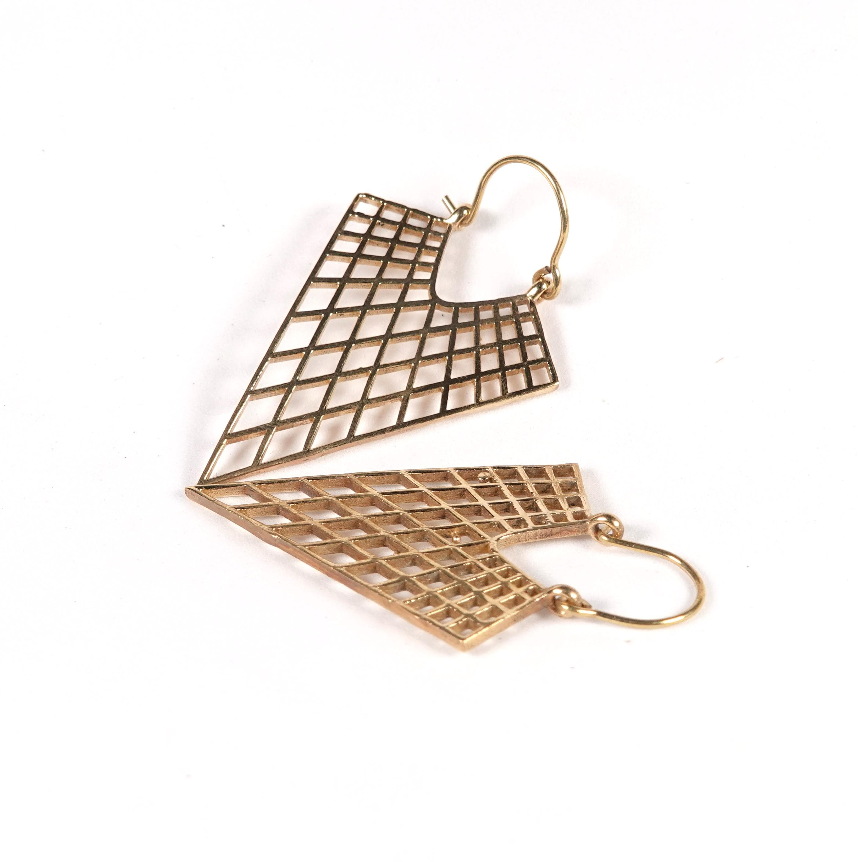 Boho Brass Statement Earrings, Geometric Grid Design