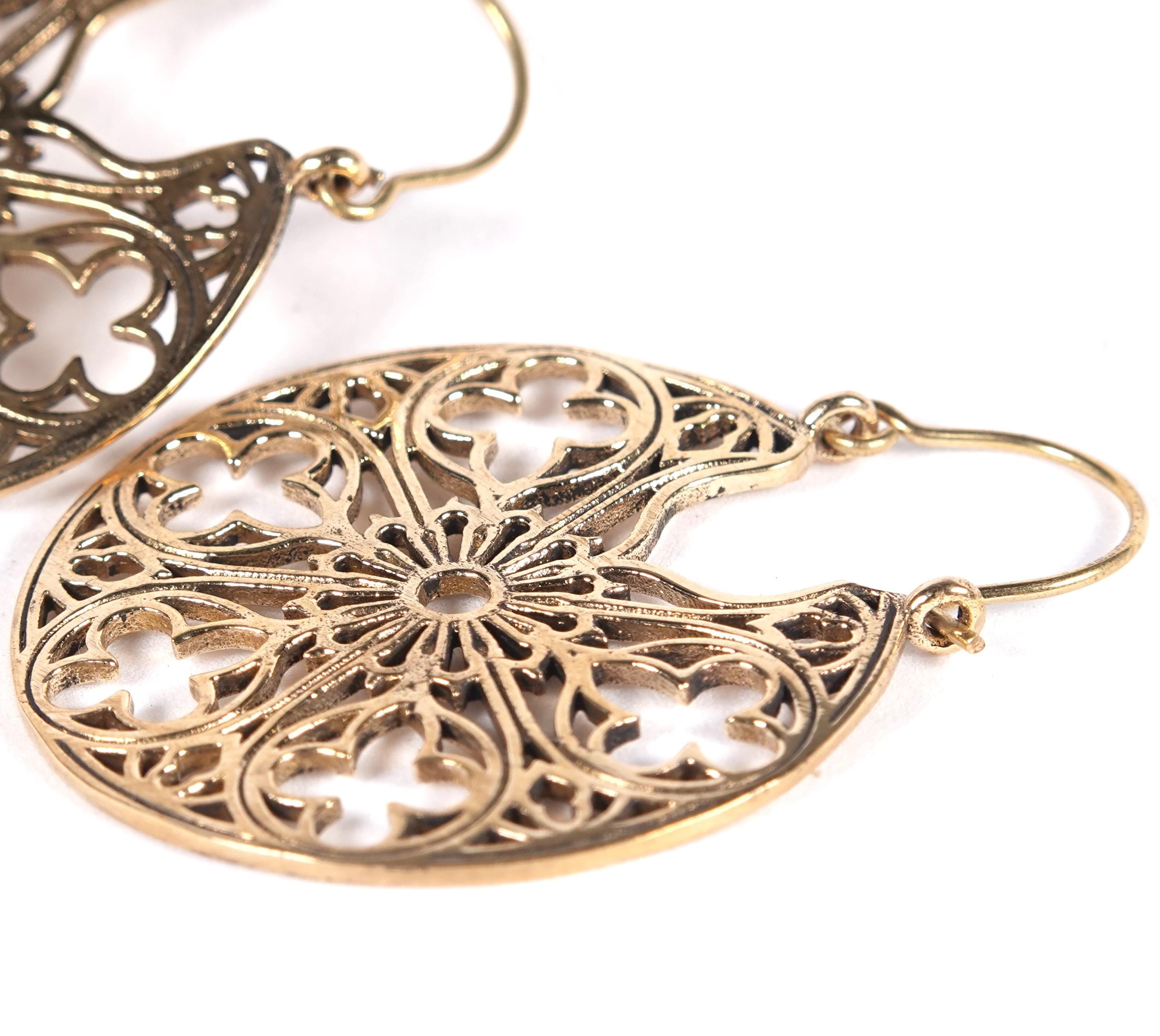 Boho Mandala Brass Earrings, Bohemian Statement Jewelry