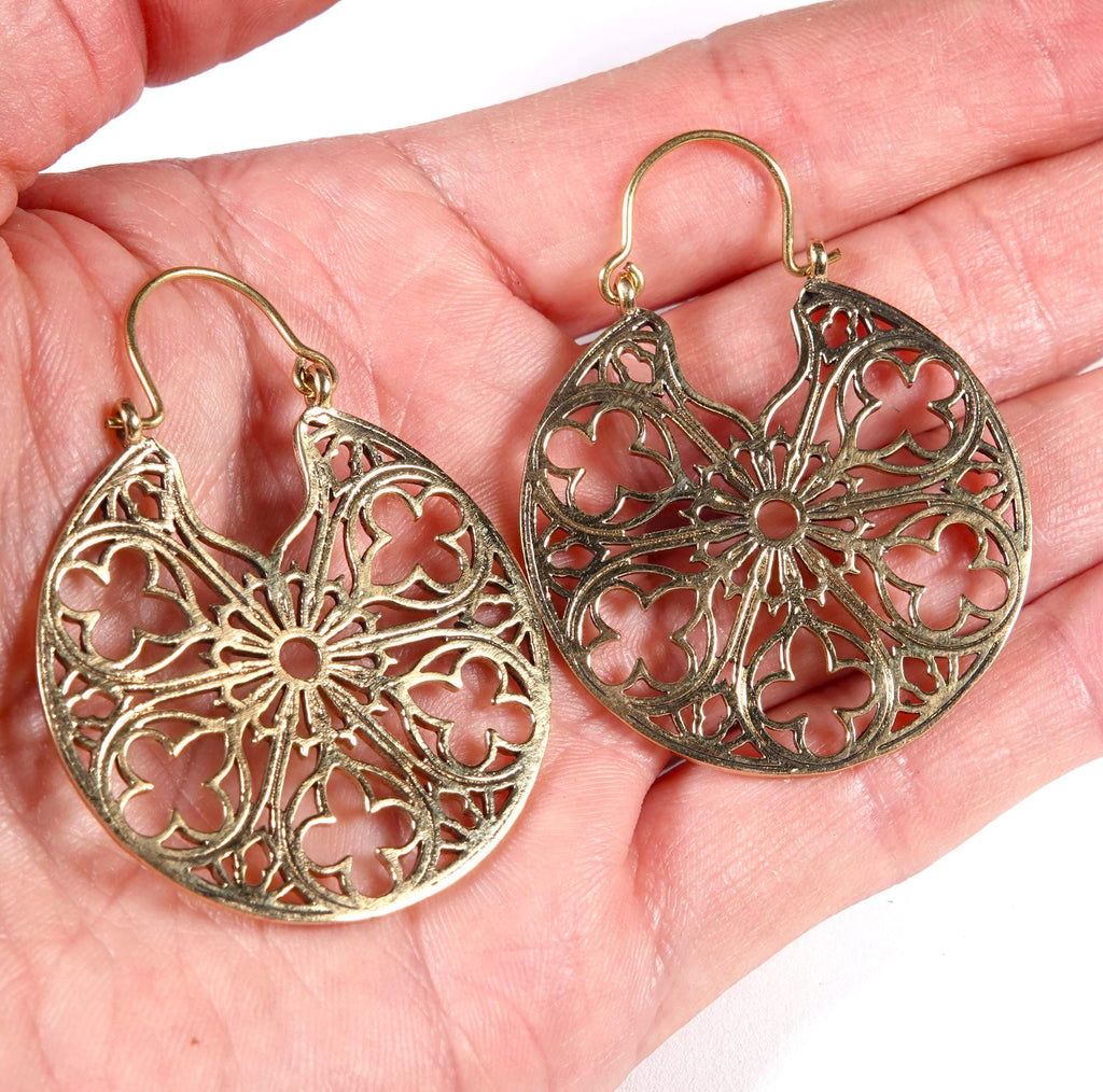 Boho Mandala Brass Earrings, Bohemian Statement Jewelry