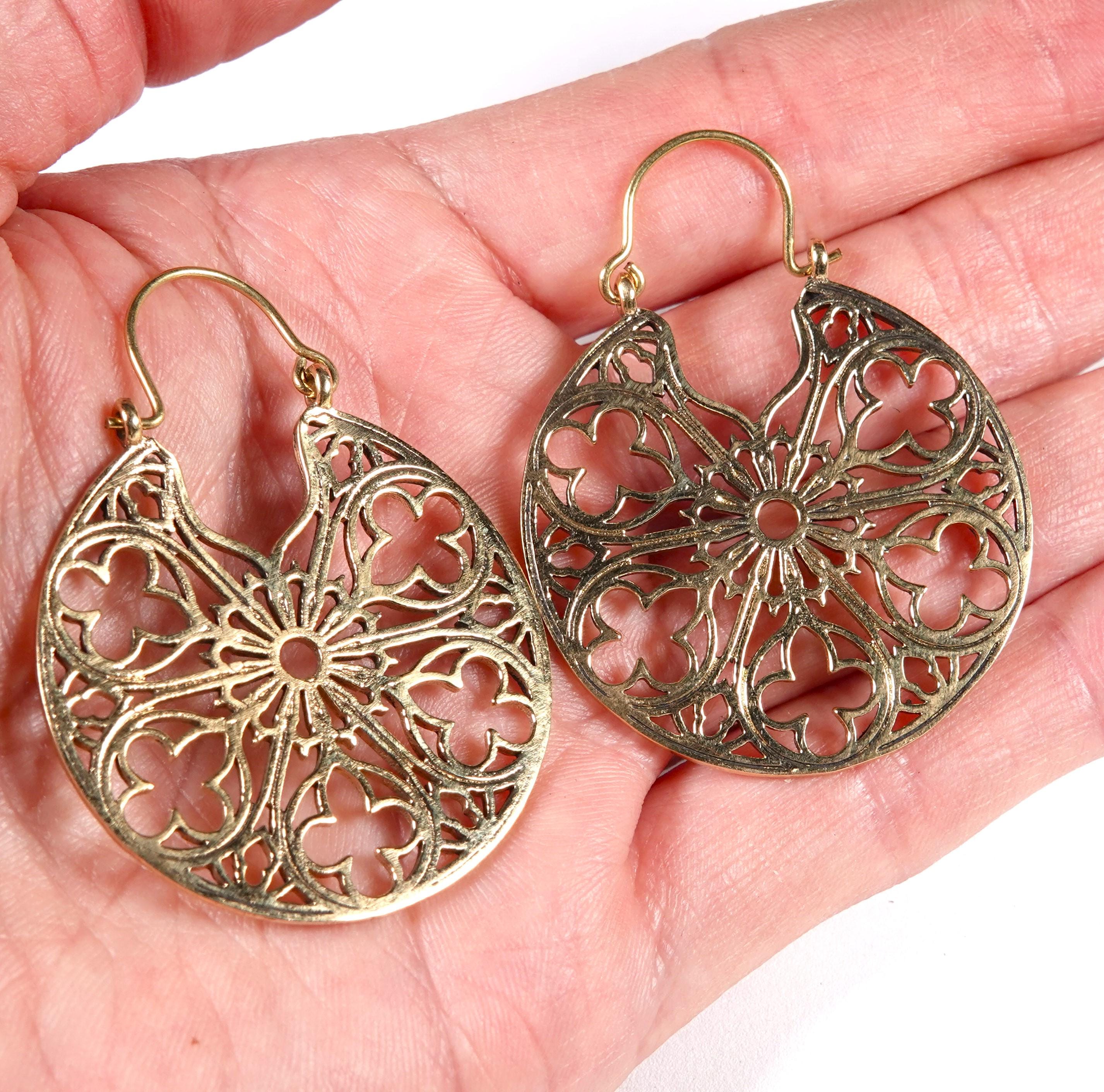 Boho Mandala Brass Earrings, Bohemian Statement Jewelry