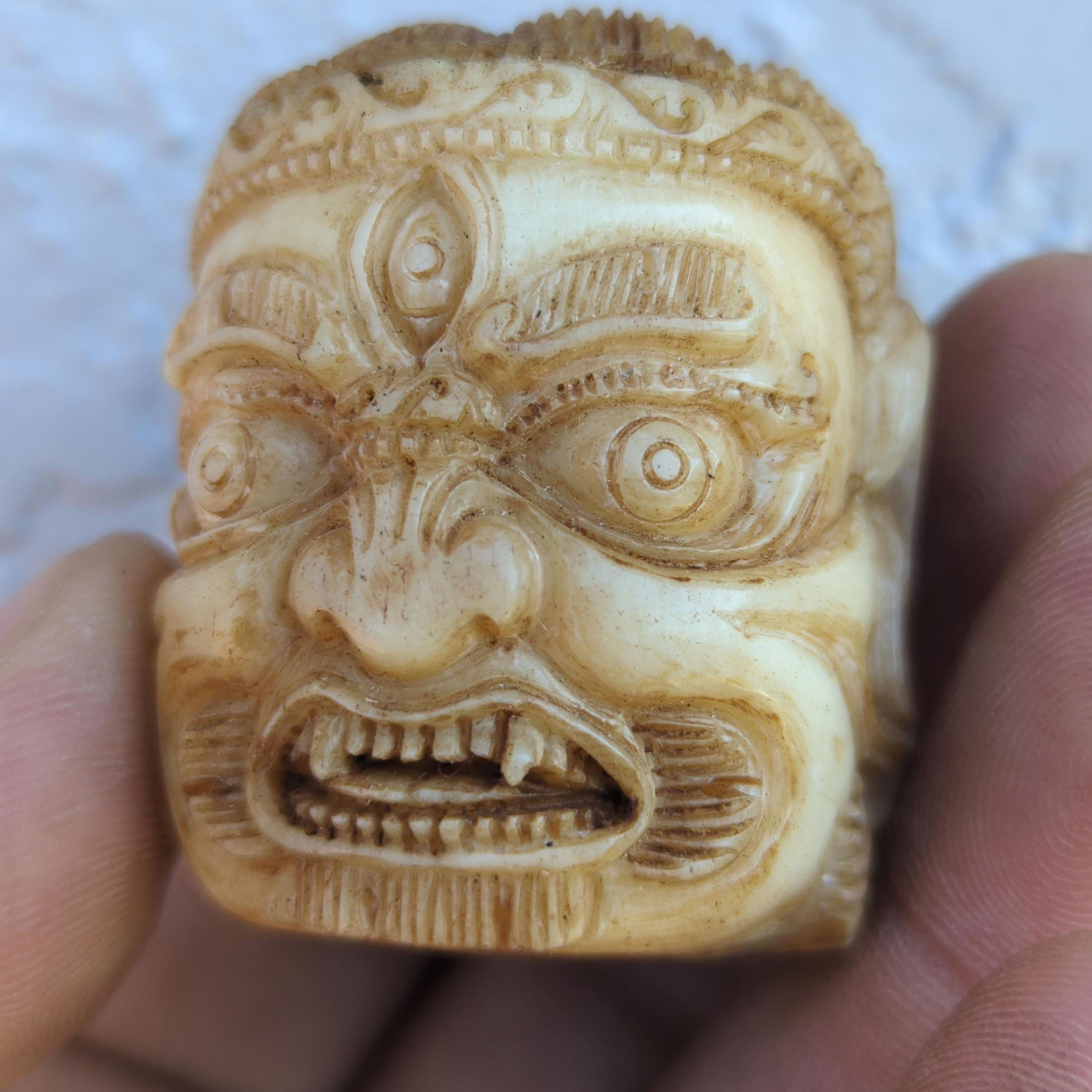 MaHakala deity Vintage Hand-Carved Yak Bone Skull Bead: Tibetan wrathful protector deity All handmade
