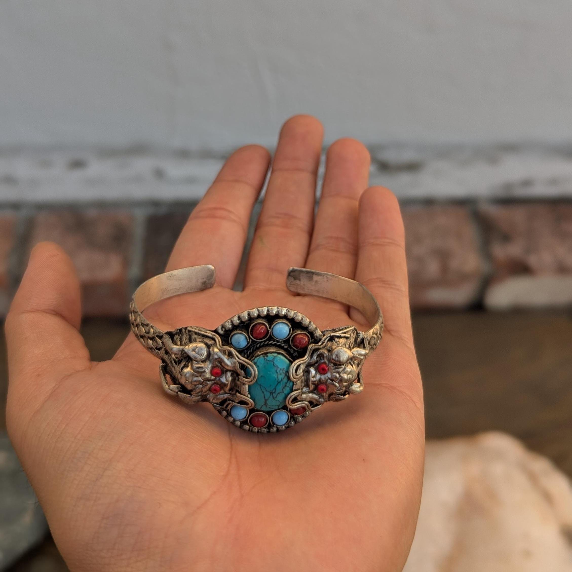 Vintage Tibetan Dragon Cuff Bracelet: Turquoise & Lapis Lazuli (CB-112)