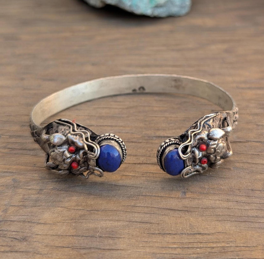 Vintage Tibetan Dragon Cuff Bracelet: Turquoise & Lapis Lazuli (CB-112)