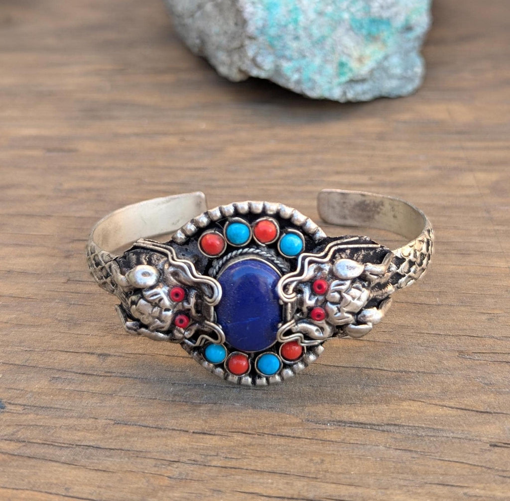 Vintage Tibetan Dragon Cuff Bracelet: Turquoise & Lapis Lazuli (CB-112)