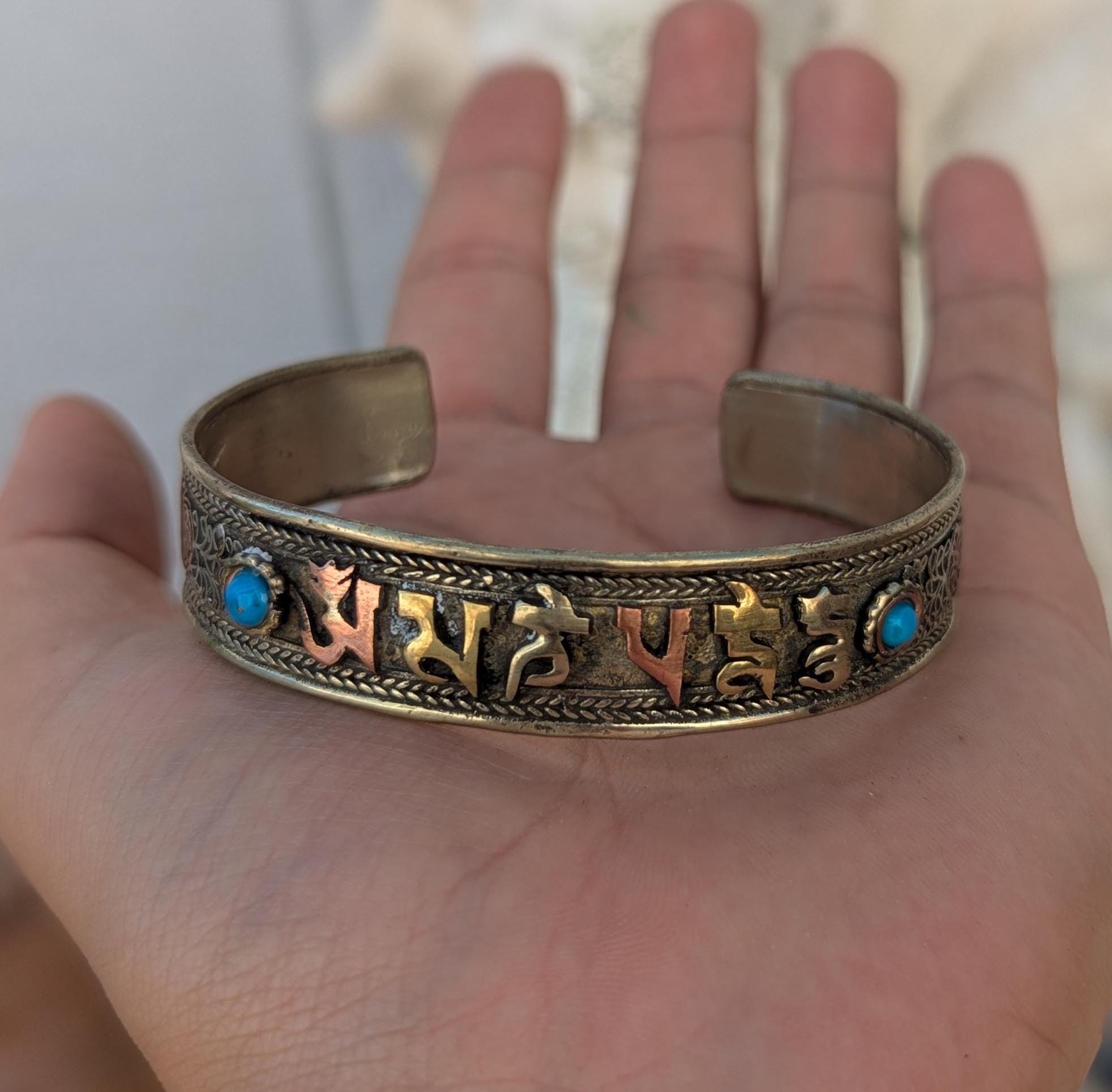 VINTAGE Tibetan Buddhist Mantra BRACELET: Turquoise and Silver Large Cuff CB-109