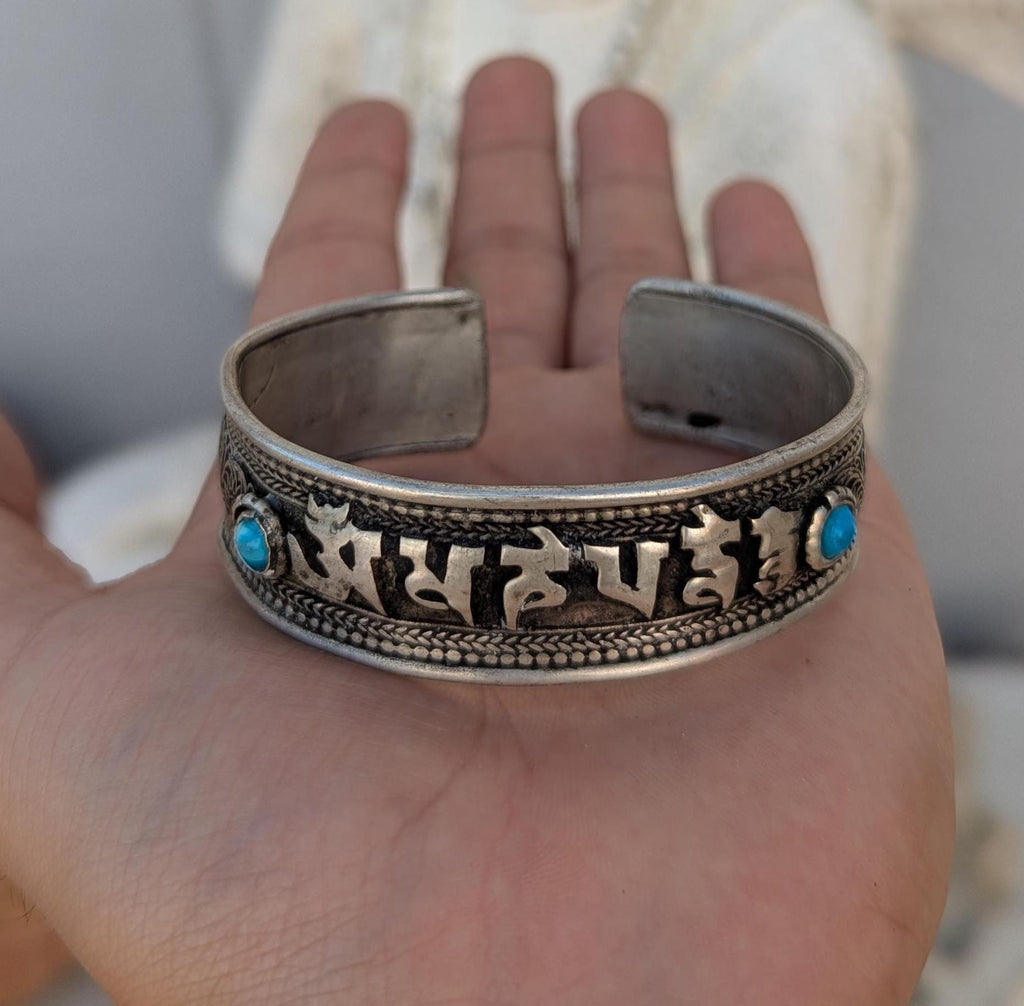 VINTAGE Tibetan Buddhist Mantra BRACELET: Turquoise and Silver Large Cuff CB-109