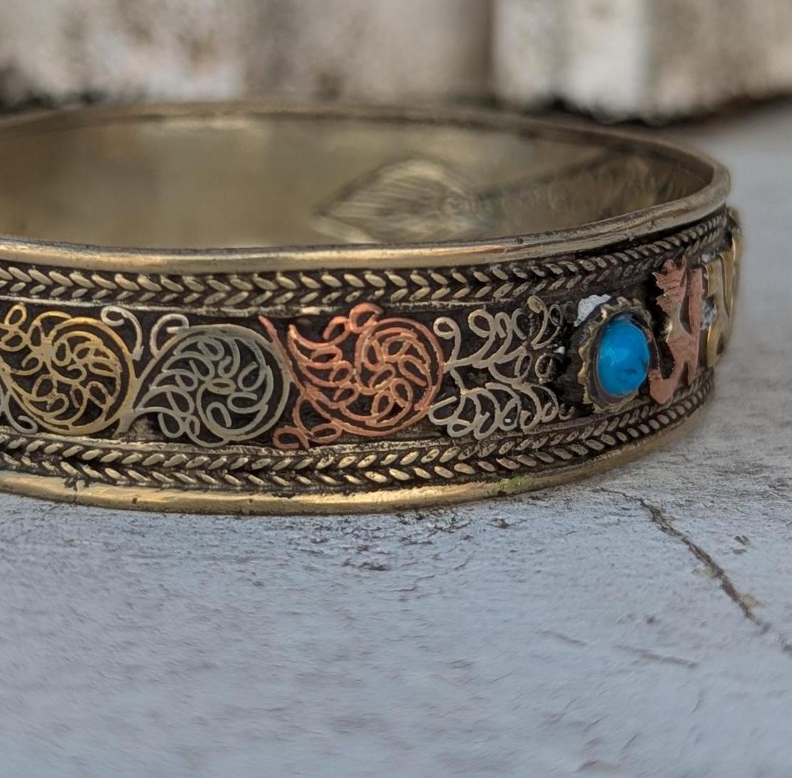 VINTAGE Tibetan Buddhist Mantra BRACELET: Turquoise and Silver Large Cuff CB-109