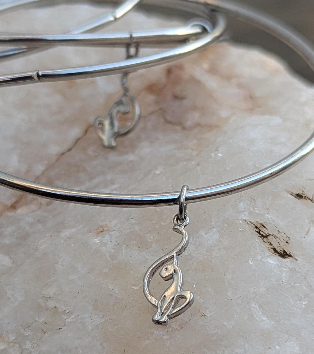 Set of 5 Skinny Sterling Silver Bangle Bracelets with Cat Charm