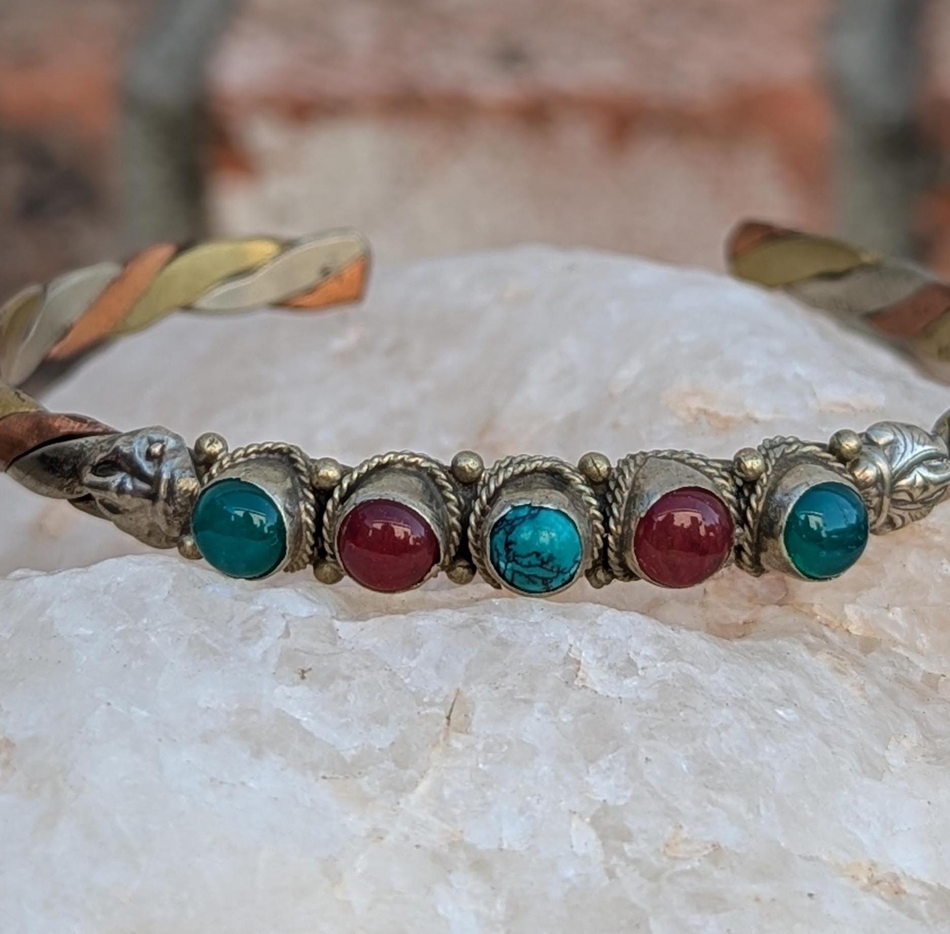 Vintage Copper & Brass Cuff Bracelets: Twisted Boho Gemstone Jewelry