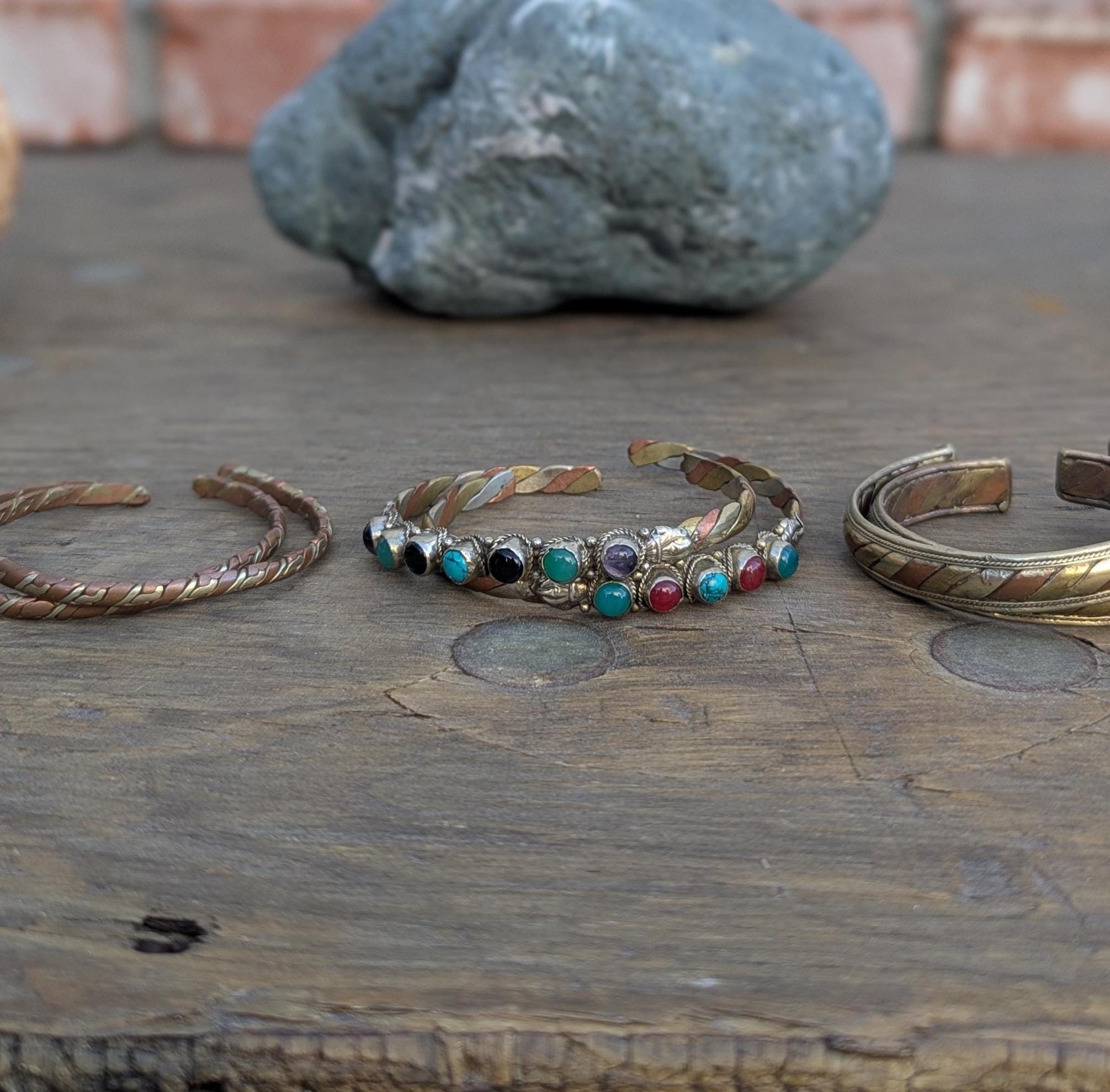 Vintage Copper & Brass Cuff Bracelets: Twisted Boho Gemstone Jewelry