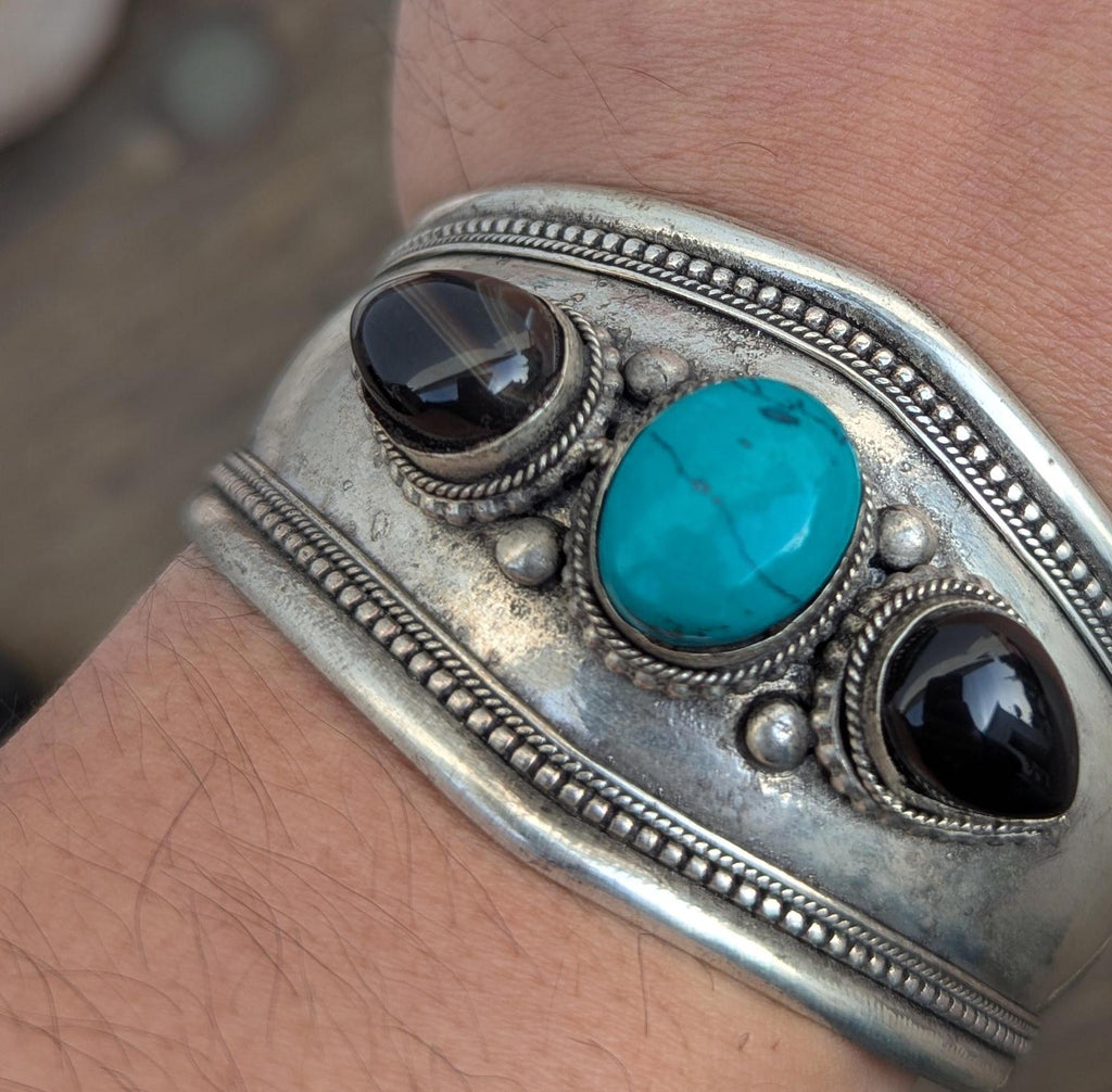 Gemstone Silver Cuff Bracelet – Turquoise, Onyx & Malachite