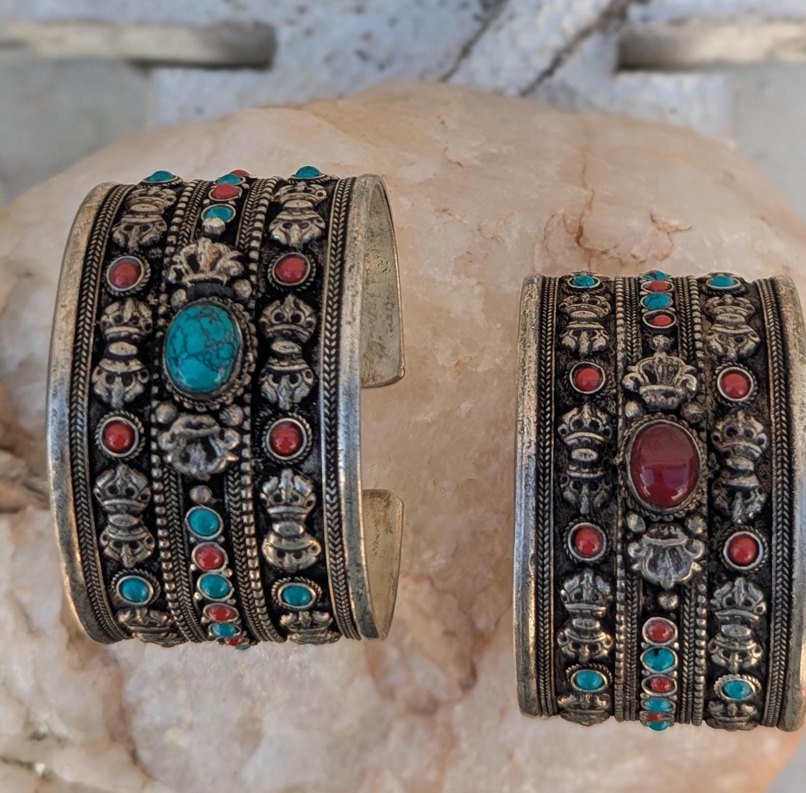 Wide Silver Cuff Bracelet – Red Jade or Turquoise, Tibetan Jewelry