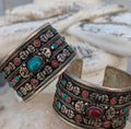 Wide Silver Cuff Bracelet – Red Jade or Turquoise, Tibetan Jewelry