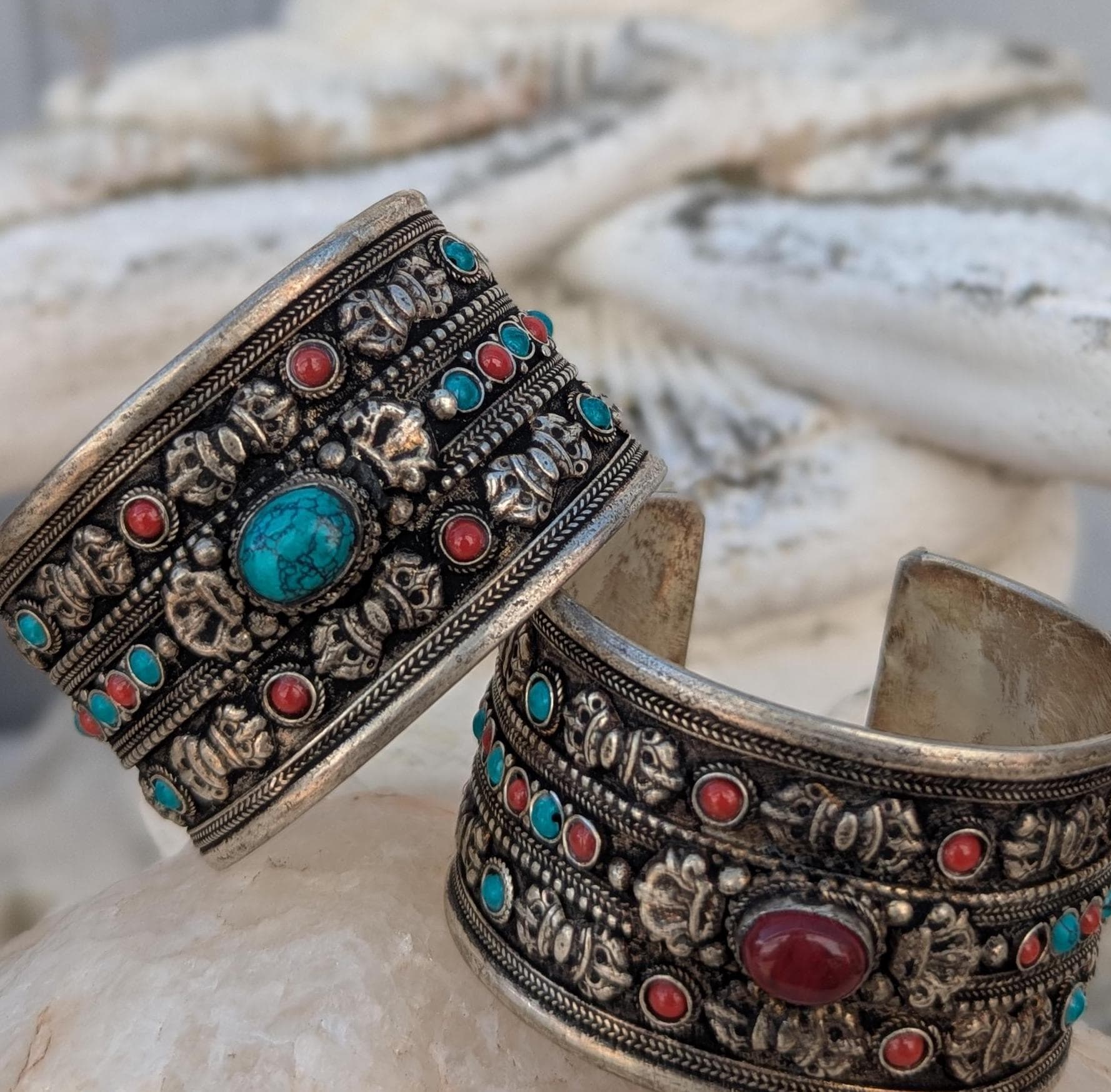 Wide Silver Cuff Bracelet – Red Jade or Turquoise, Tibetan Jewelry