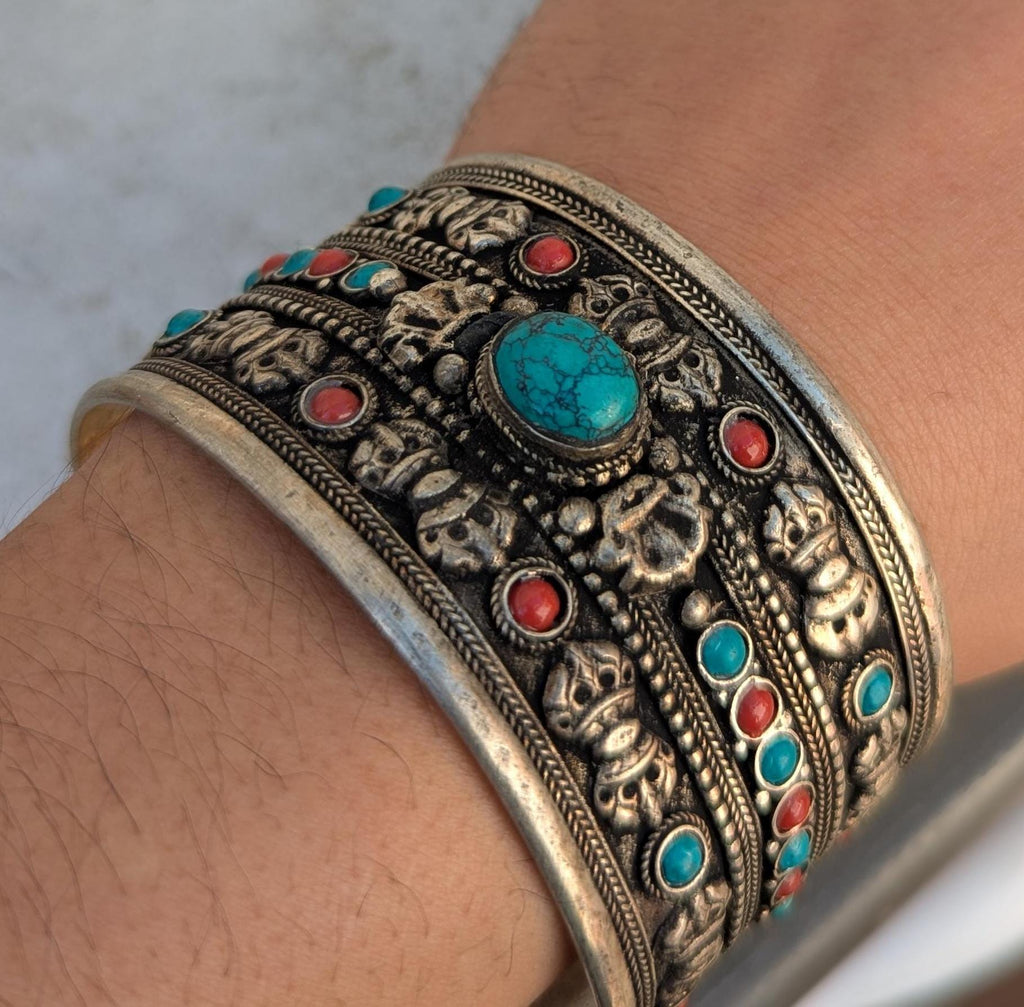 Wide Silver Cuff Bracelet – Red Jade or Turquoise, Tibetan Jewelry
