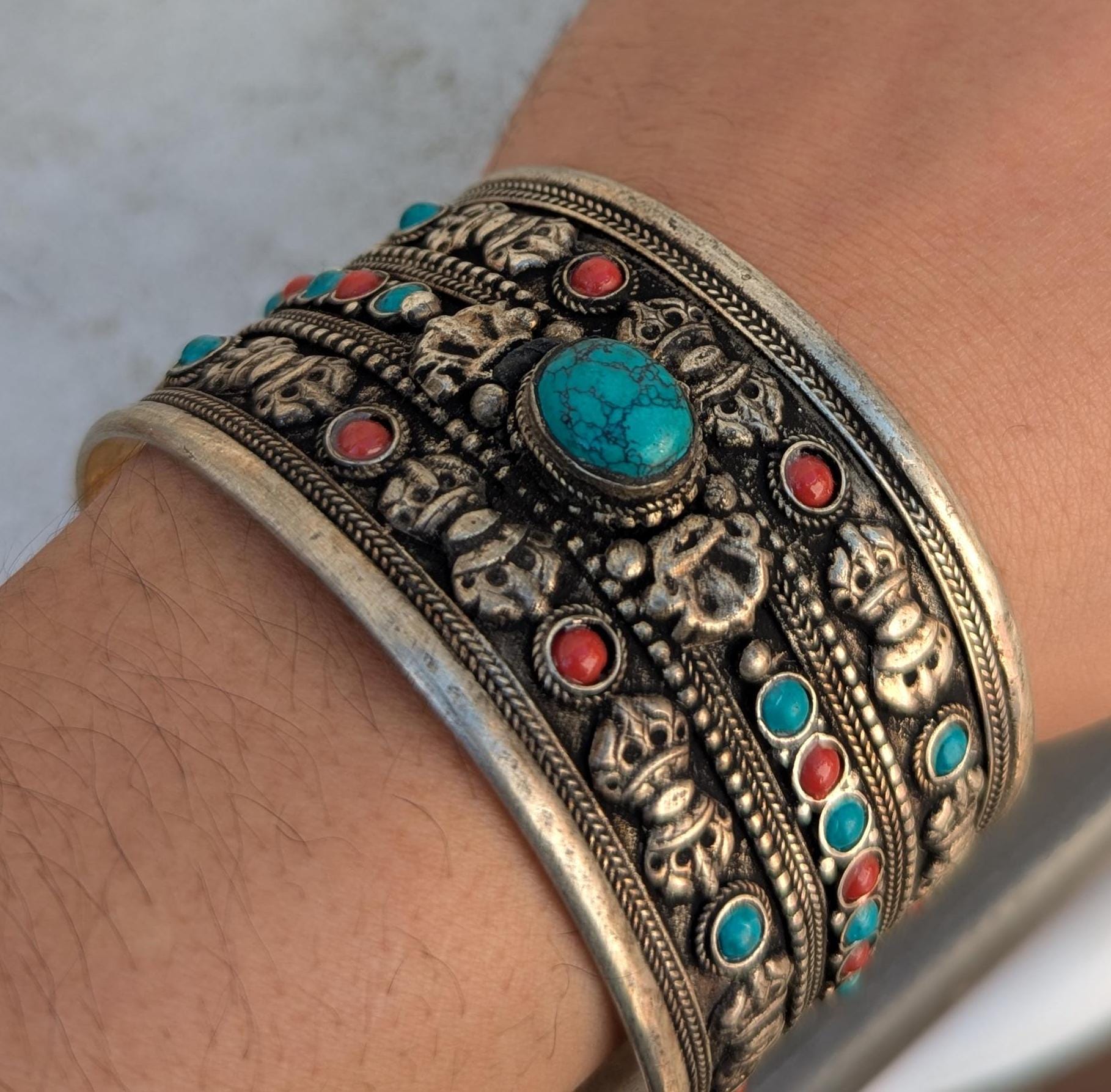 Wide Silver Cuff Bracelet – Red Jade or Turquoise, Tibetan Jewelry