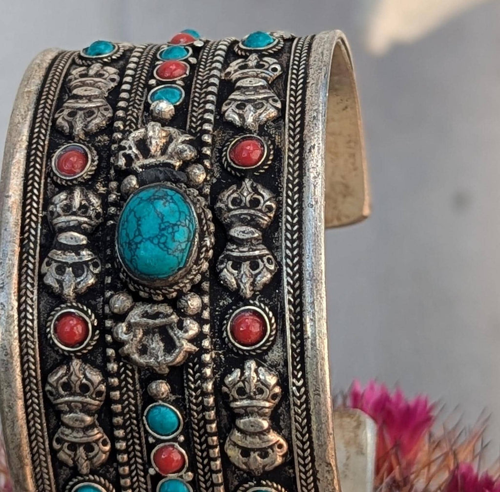 Wide Silver Cuff Bracelet – Red Jade or Turquoise, Tibetan Jewelry