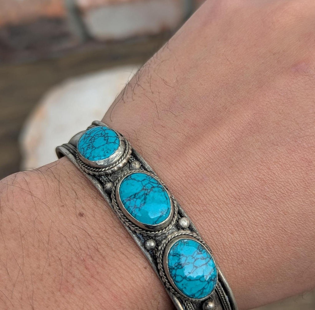 Vintage Tibetan Cuff Bracelet Set: Turquoise & Lapis Lazuli, Adjustable Silver Cuffs