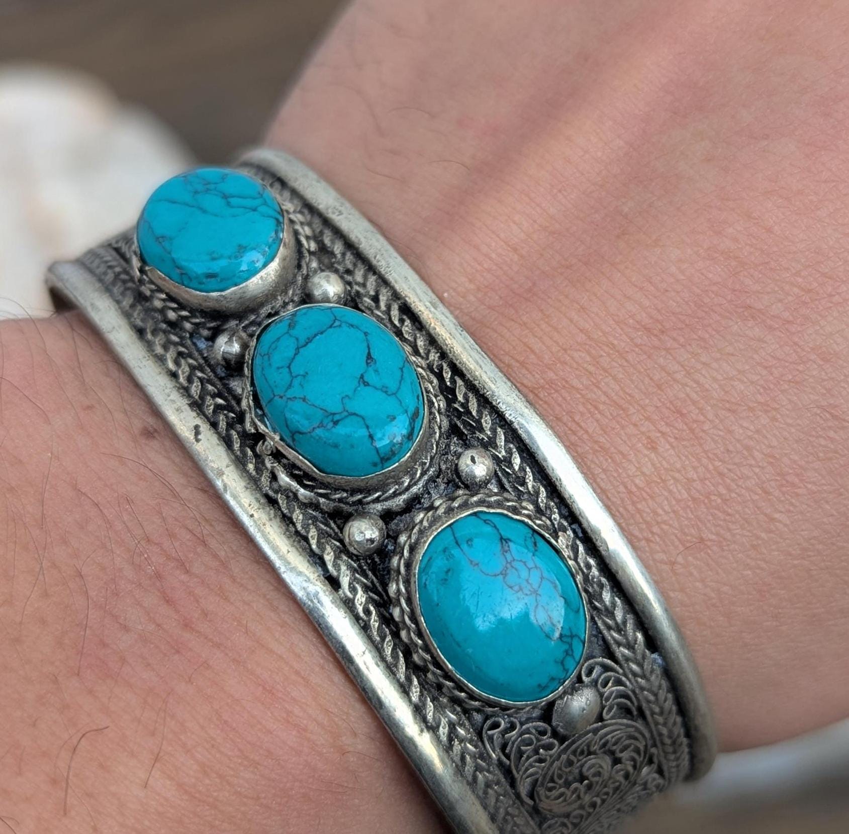 Vintage Tibetan Cuff Bracelet Set: Turquoise & Lapis Lazuli, Adjustable Silver Cuffs