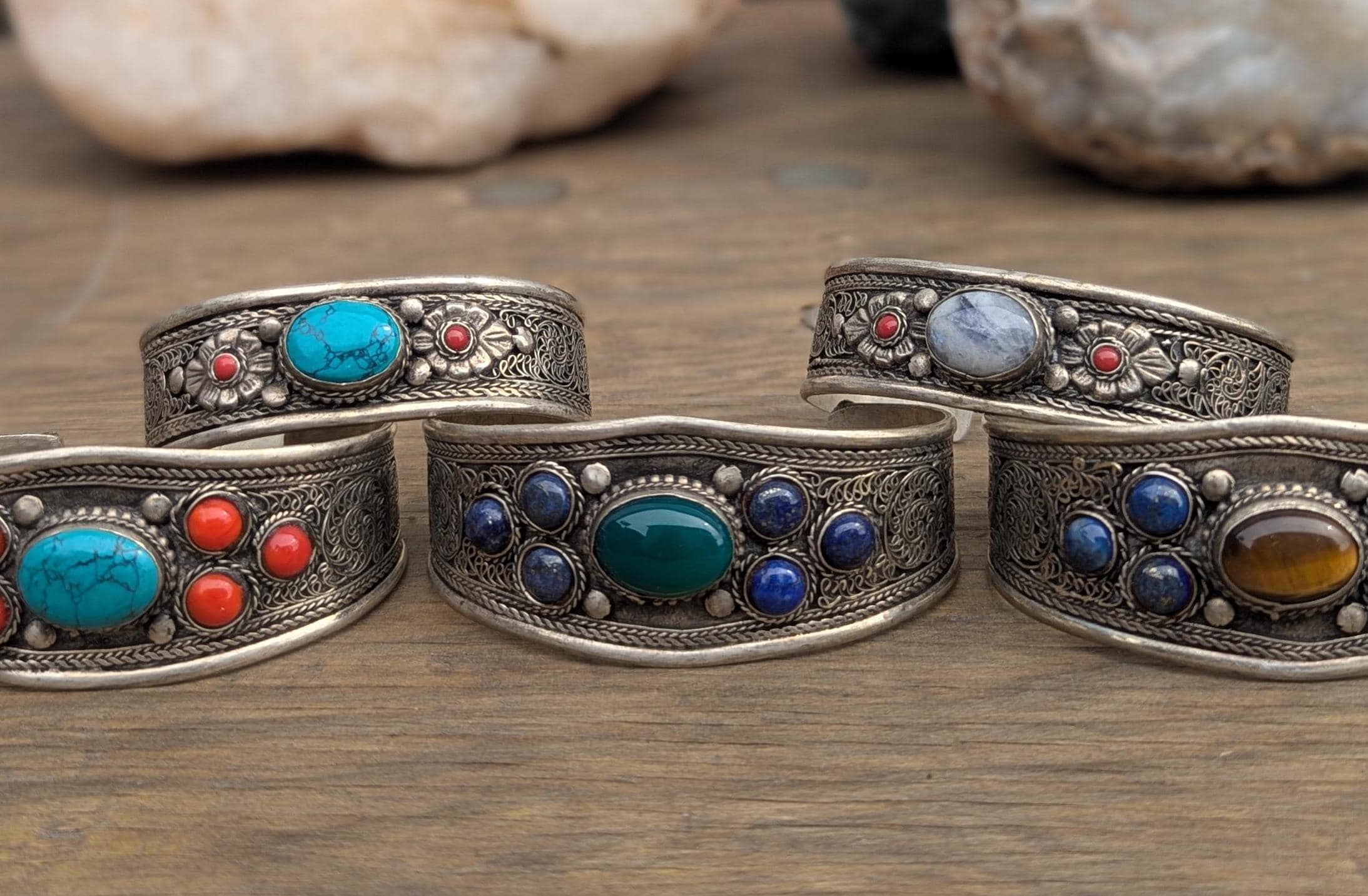 Vintage Tibetan Cuff Bracelets: Turquoise, Emerald, Moonstone Gemstone Jewelry Set