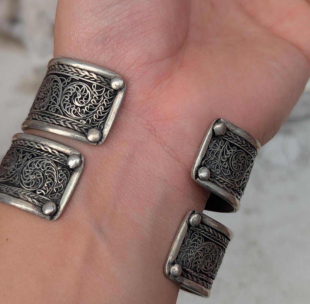Vintage Tibetan Cuff Bracelets: Turquoise, Emerald, Moonstone Gemstone Jewelry Set