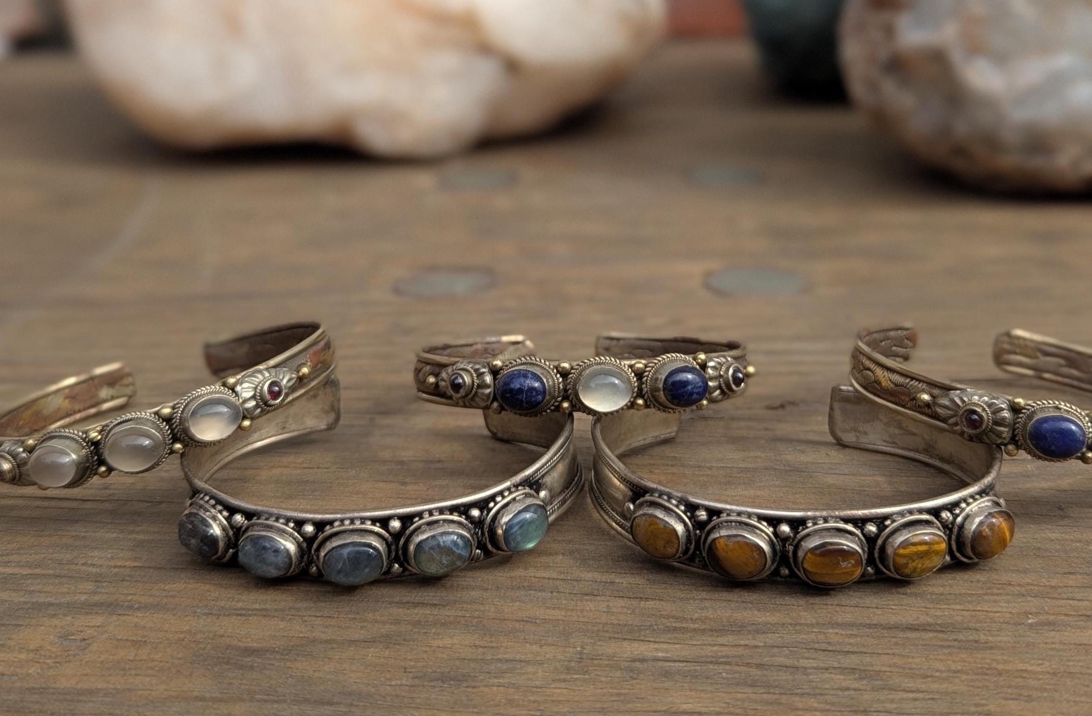Handcrafted Tibetan Silver Cuff Bracelet: Lapis Lazuli, Moonstone, Tiger's Eye