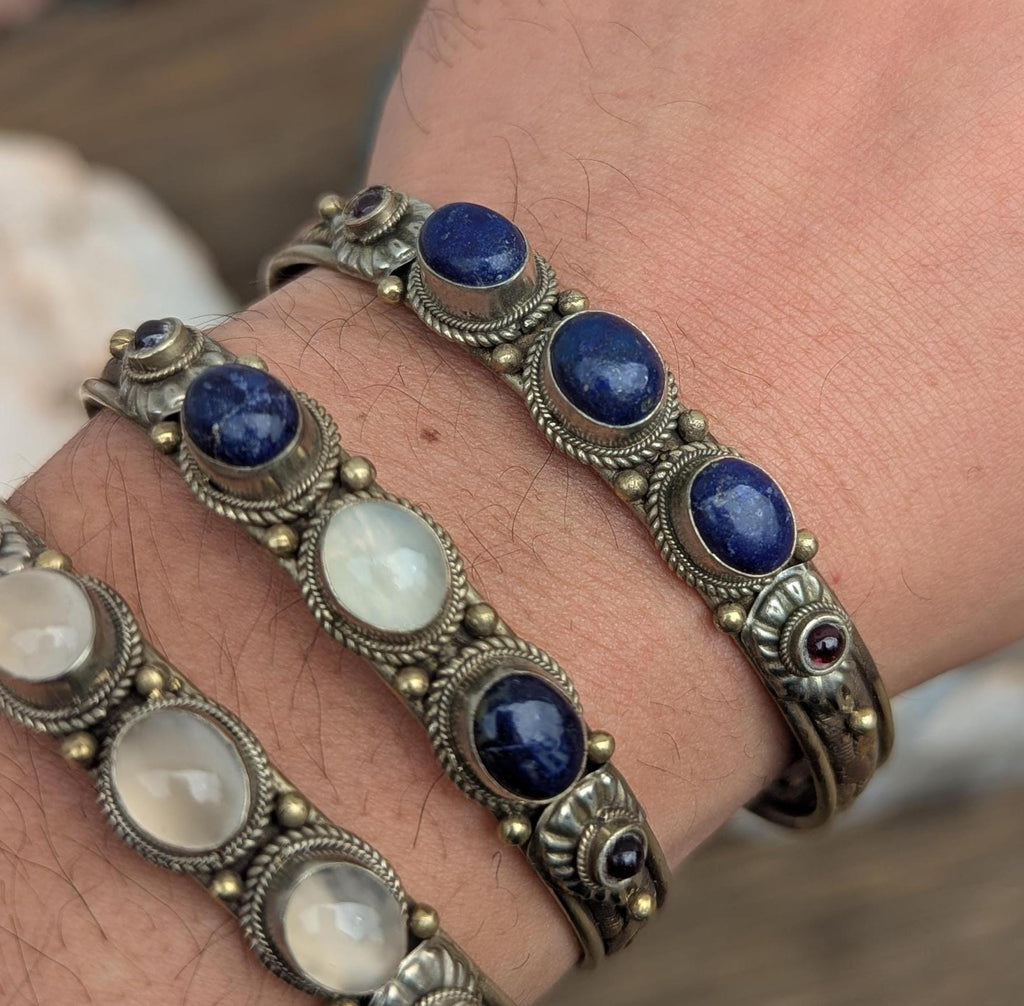 Handcrafted Tibetan Silver Cuff Bracelet: Lapis Lazuli, Moonstone, Tiger's Eye