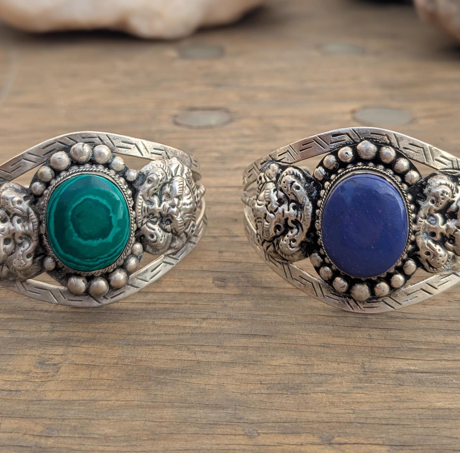 Vintage Tibetan Silver Cuff Bracelet with Dragon Motif—Two Variants: Malachite & Lapis Lazuli (cb-134)