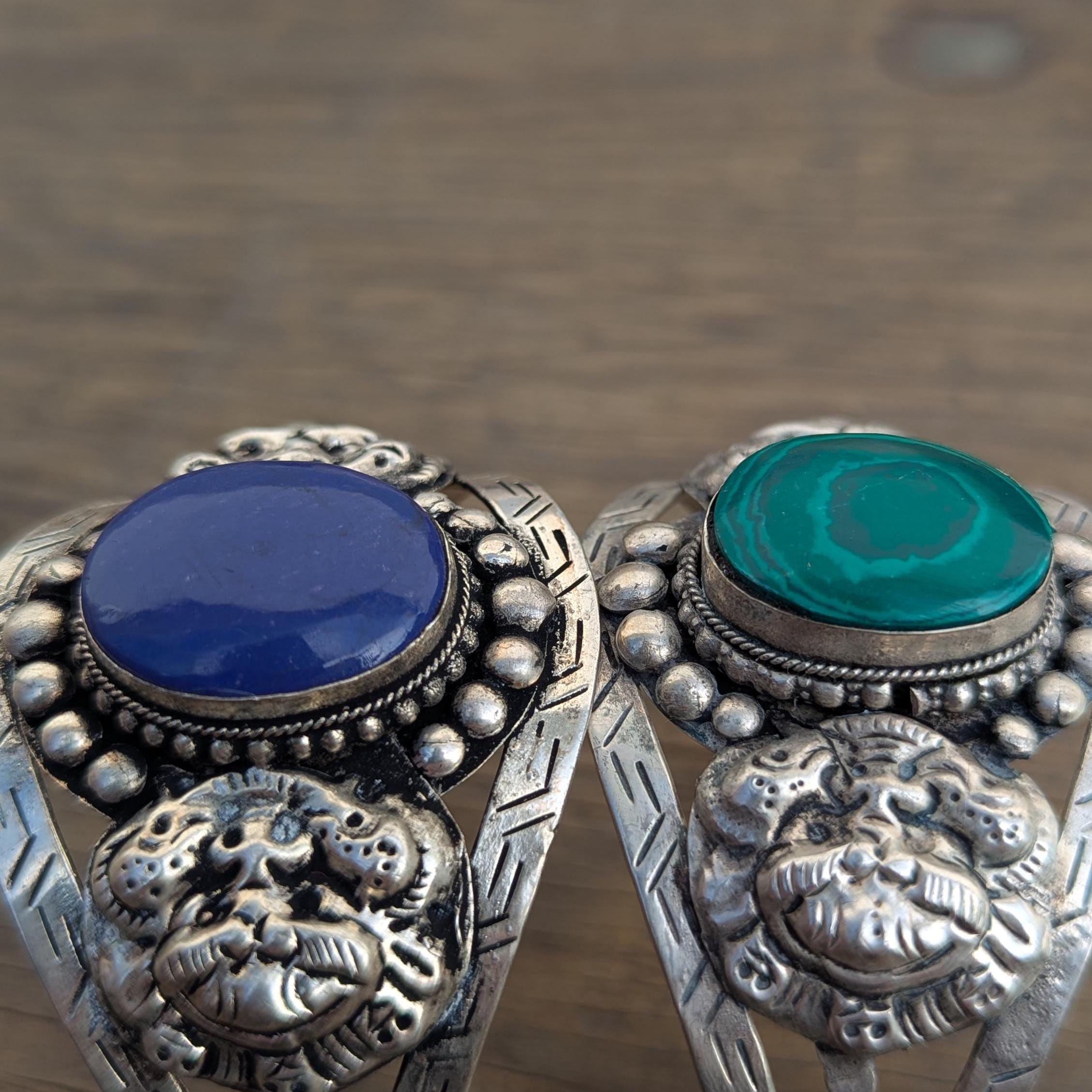 Vintage Tibetan Silver Cuff Bracelet with Dragon Motif—Two Variants: Malachite & Lapis Lazuli (cb-134)