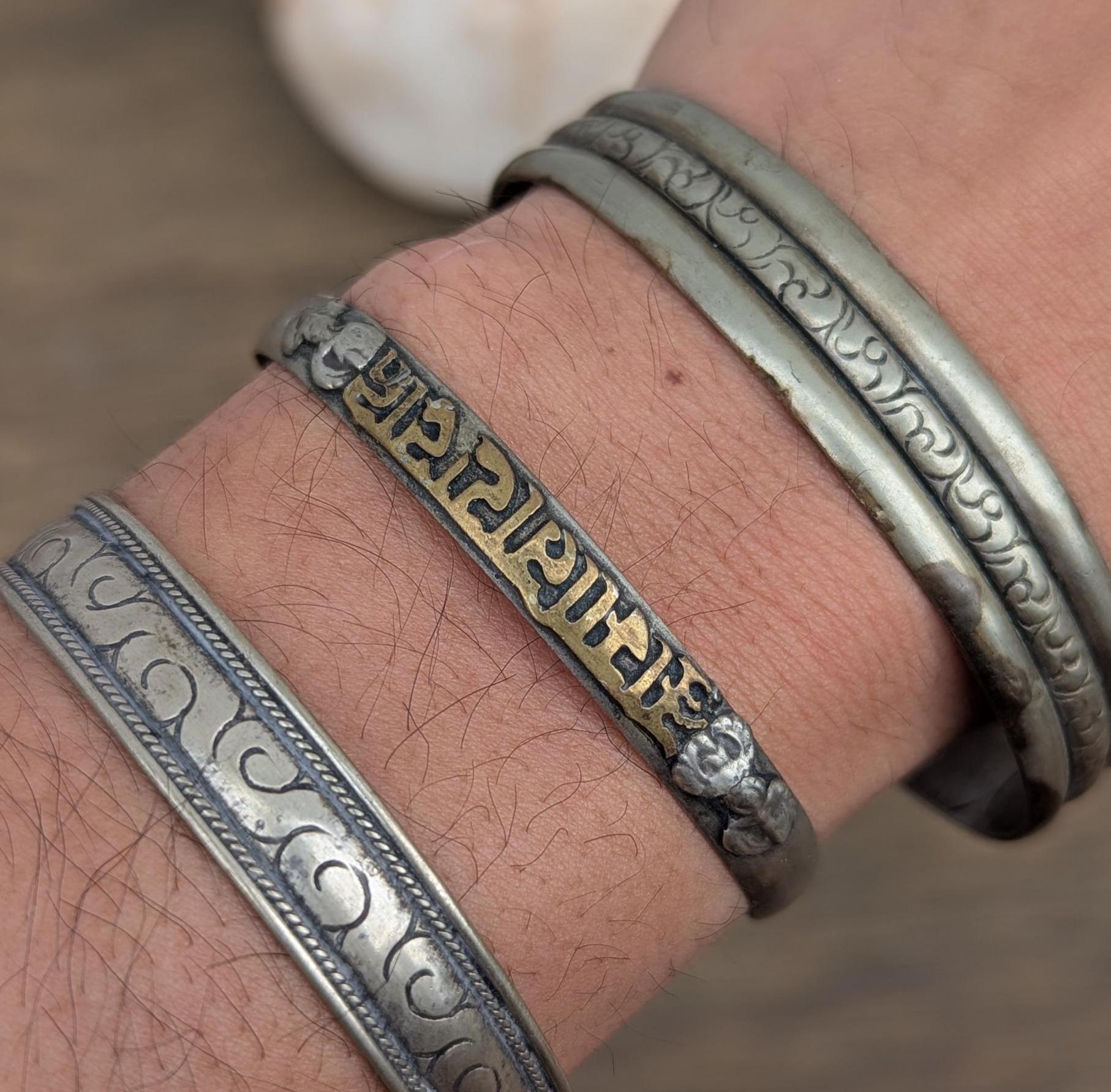 Handcrafted Tibetan Cuff Bracelet Set: Silver Wind & Mantra Jewelry cb-140