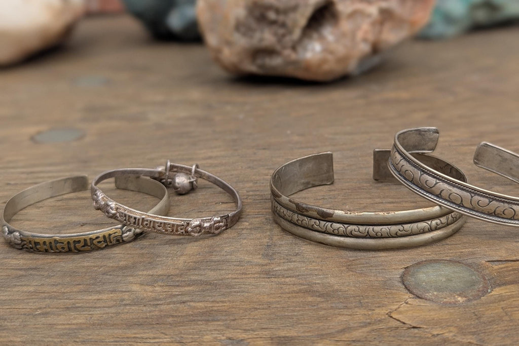 Handcrafted Tibetan Cuff Bracelet Set: Silver Wind & Mantra Jewelry cb-140