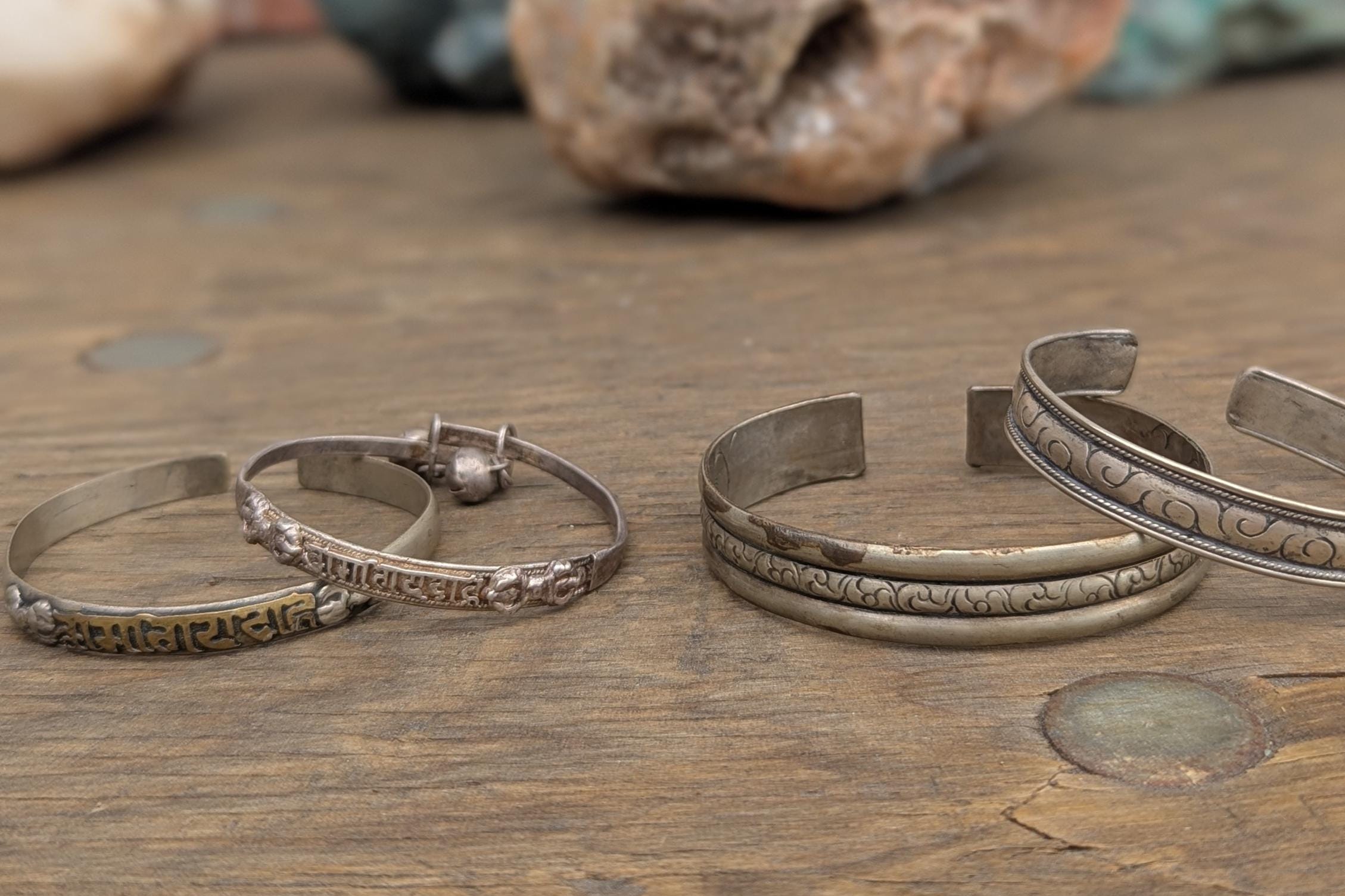 Handcrafted Tibetan Cuff Bracelet Set: Silver Wind & Mantra Jewelry cb-140