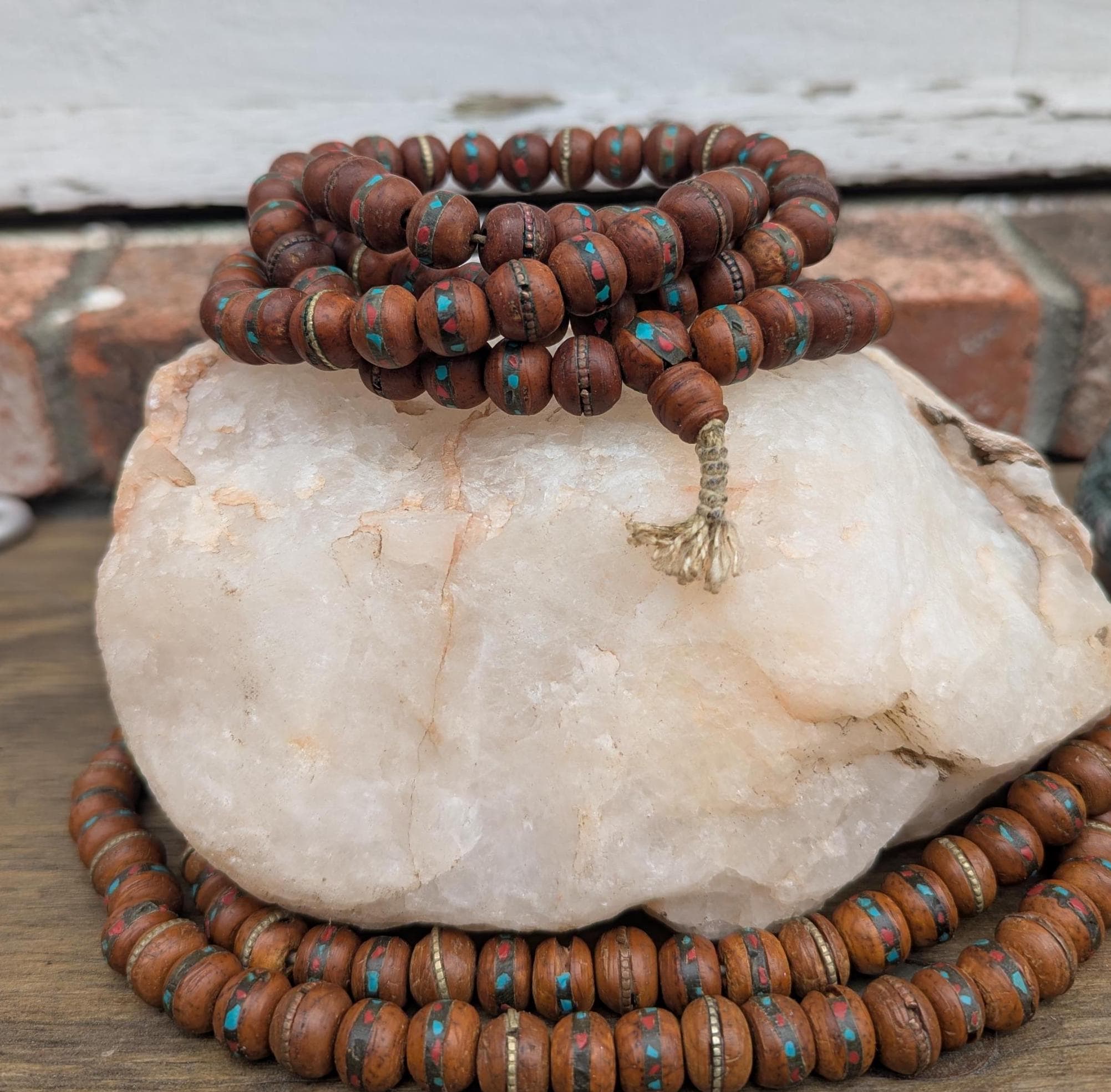 Handcrafted Bodhi Seed Mala: Tibetan Meditation Necklace with Turquoise & Coral
