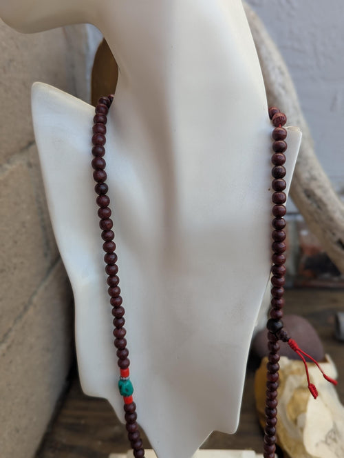 Bodhi Seed Tibetan Beads Mala with Turquoise & Coral Stones - Meditation Necklace ( bm-109)